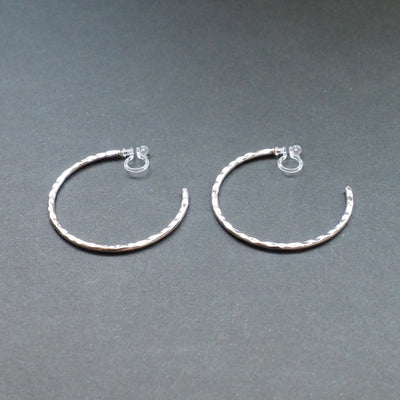 Silver Large Textured Invisible Clip On Hoop Earrings - Miyabi Grace