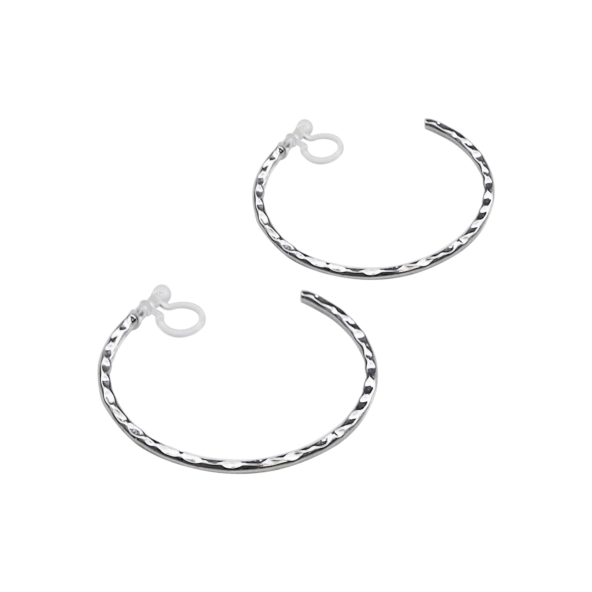 Silver Large Textured Invisible Clip On Hoop Earrings - Miyabi Grace