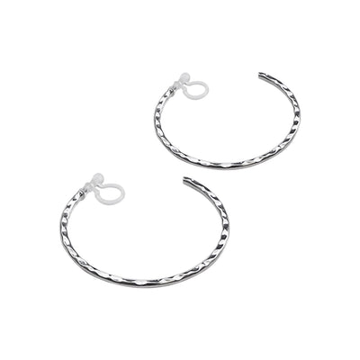 Silver Large Textured Invisible Clip On Hoop Earrings - Miyabi Grace
