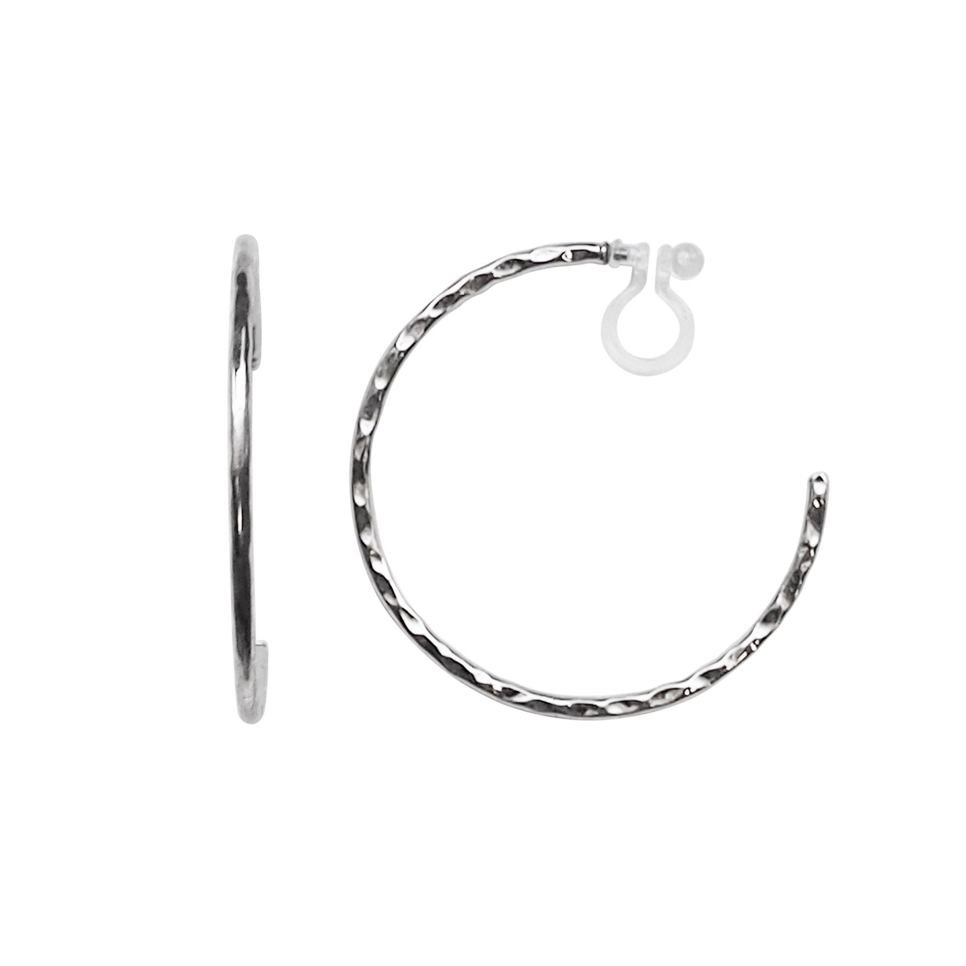 Silver Large Textured Invisible Clip On Hoop Earrings - Miyabi Grace
