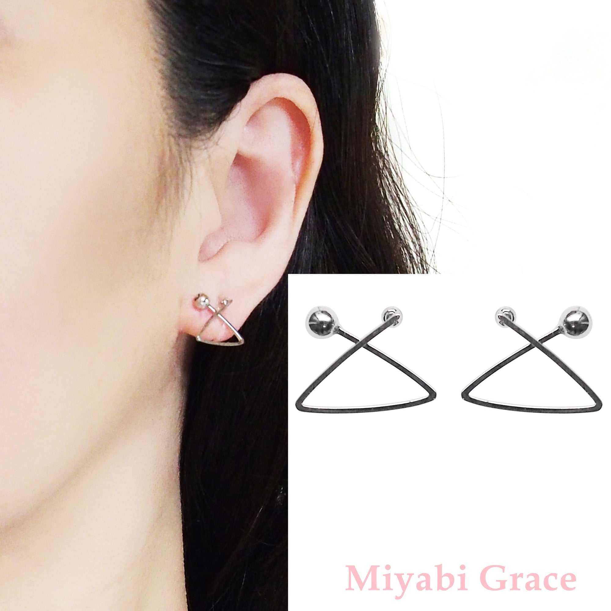 Silver Geometric Triangle Invisible Clip On Stud Earrings - Miyabi Grace