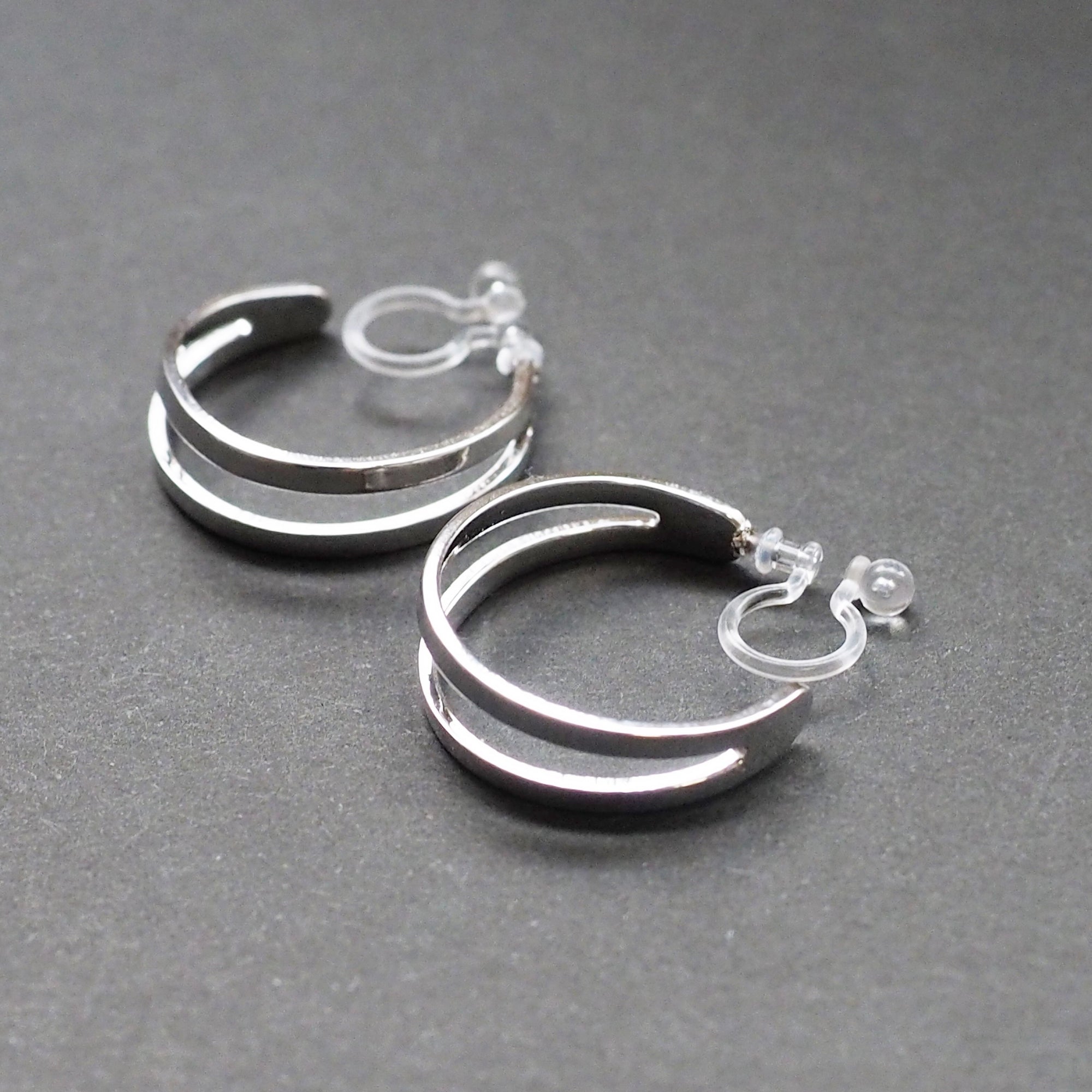 Silver Two Invisible Clip On Hoop Earrings - Miyabi Grace