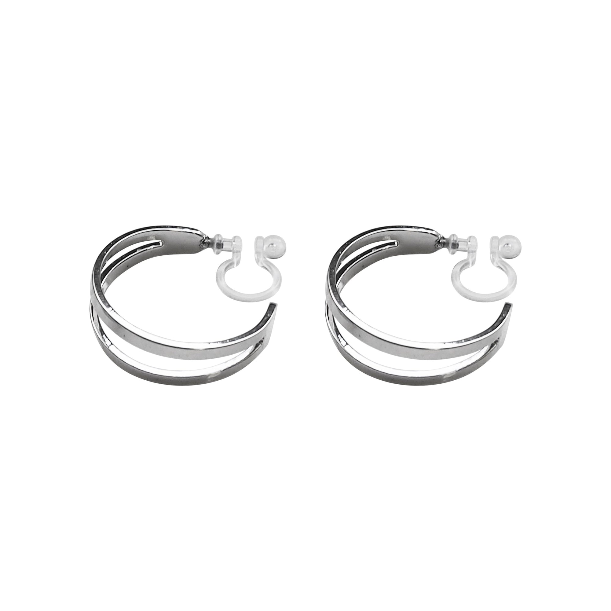 Silver Two Invisible Clip On Hoop Earrings - Miyabi Grace