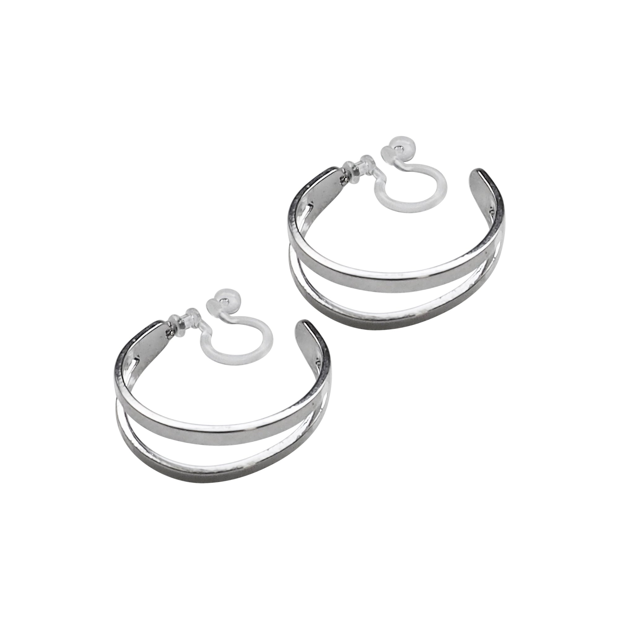 Silver Two Invisible Clip On Hoop Earrings - Miyabi Grace