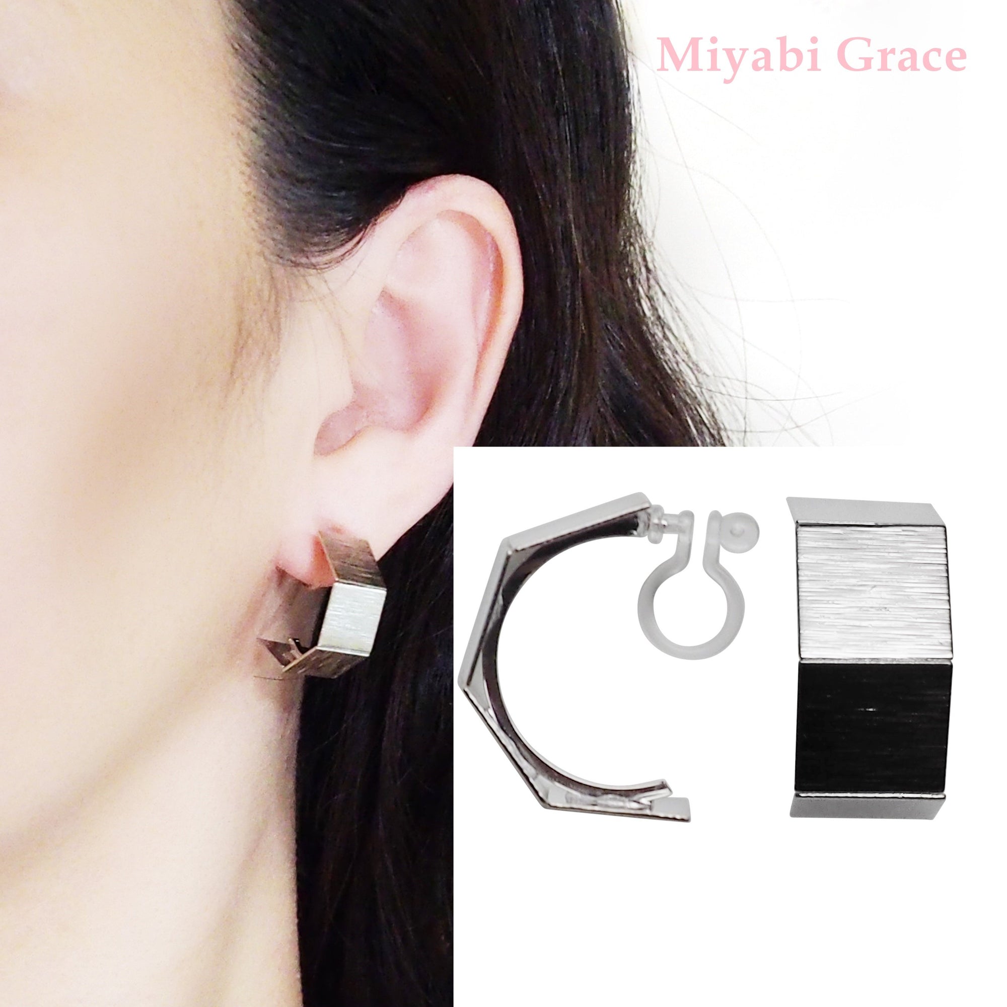 Silver Wide Curved Invisible Clip On Hoop Earrings - Miyabi Grace