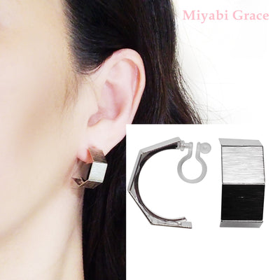 Silver Wide Curved Invisible Clip On Hoop Earrings - Miyabi Grace