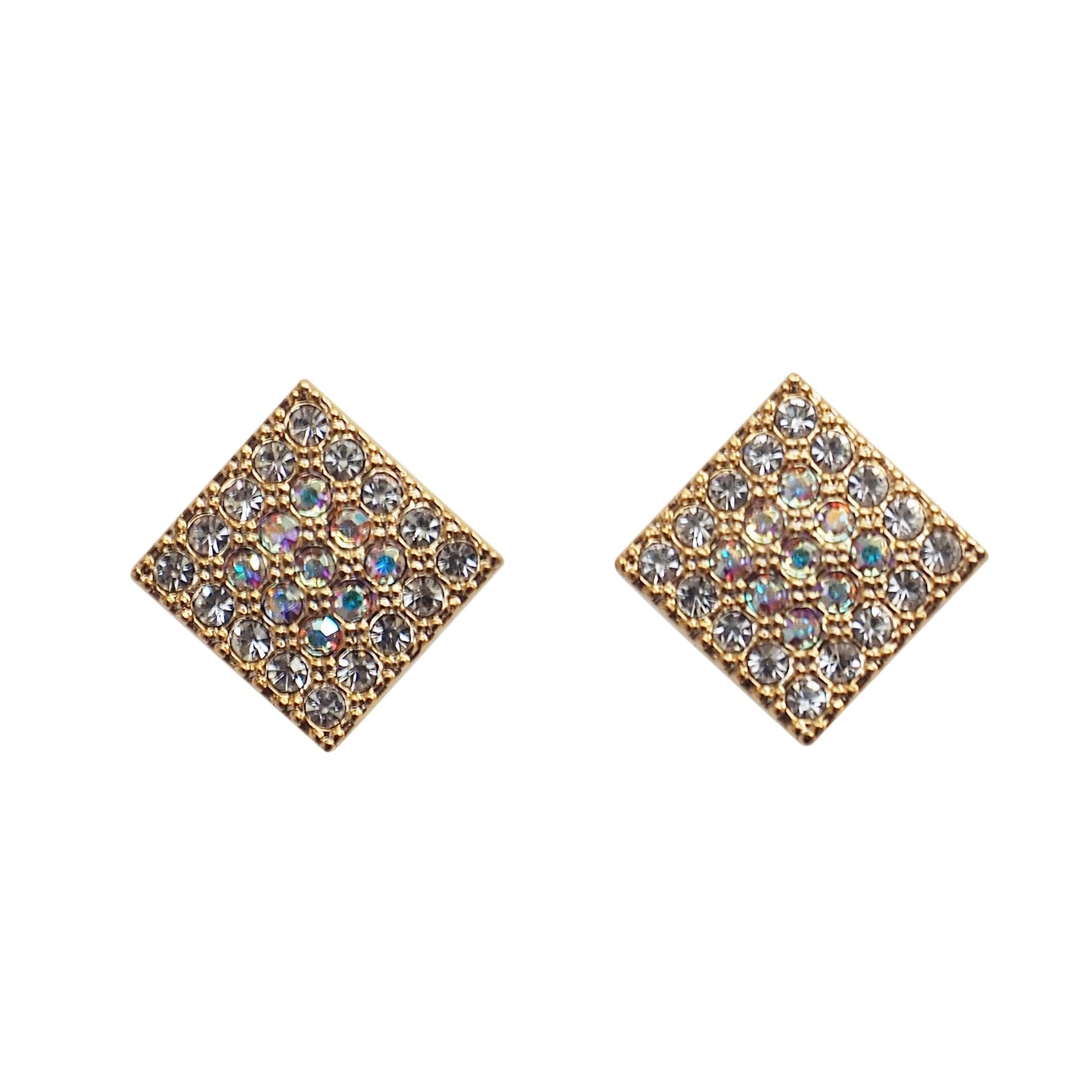 Square Swarovski Crystal Rhinestone Pave Invisible Clip On Stud Earrings ( Gold tone ) - Miyabi Grace
