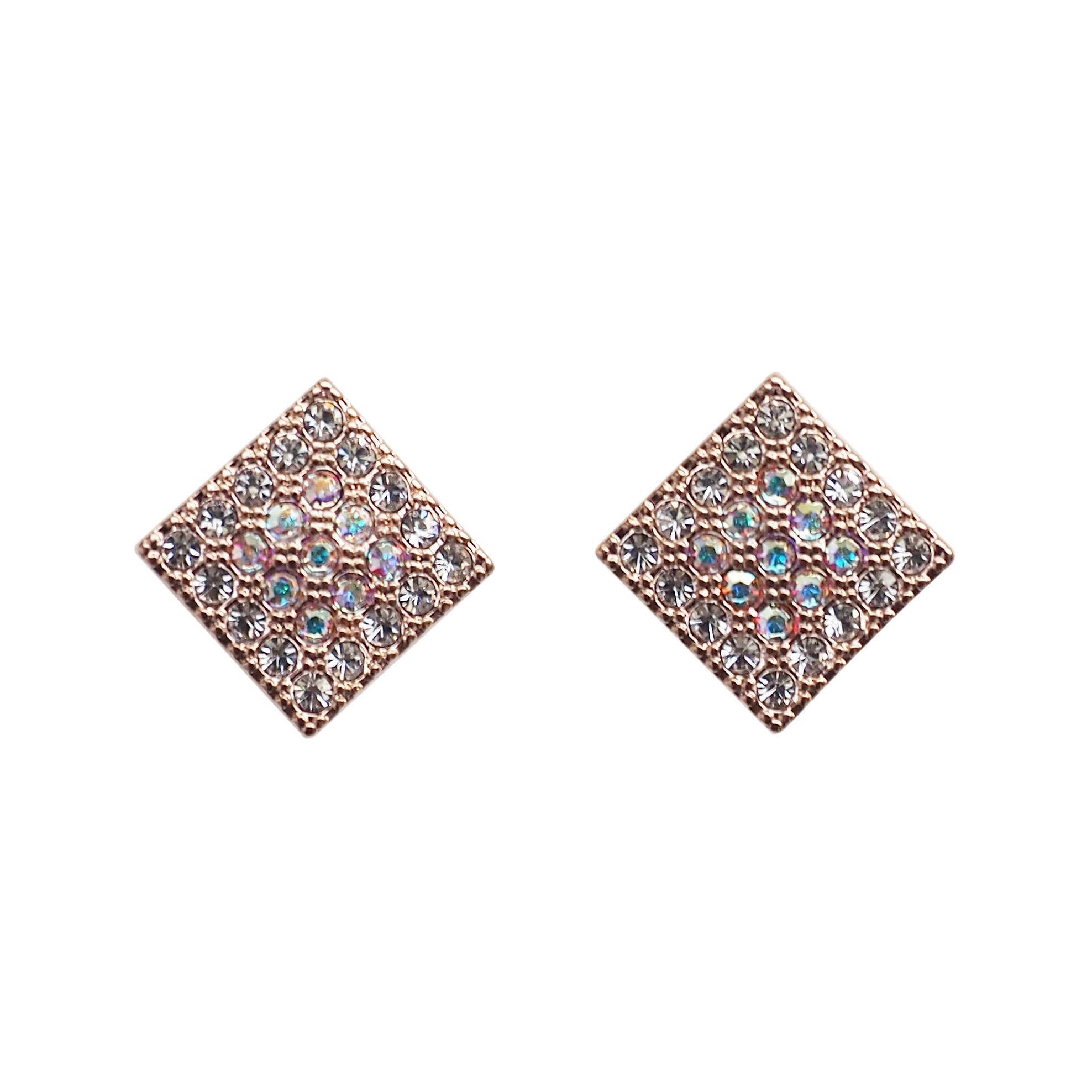 Square Swarovski Crystal Rhinestone Pave Invisible Clip On Stud Earrings ( Rose gold tone ) - Miyabi Grace