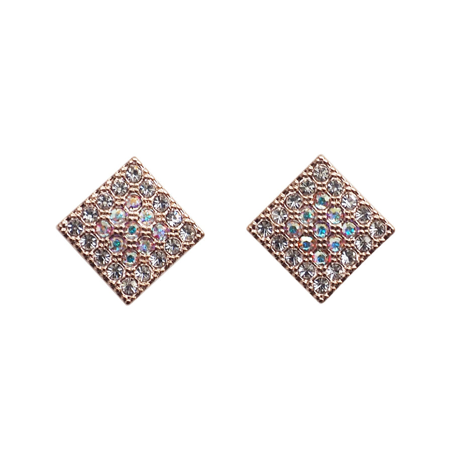 Square Swarovski Crystal Rhinestone Pave Invisible Clip On Stud Earrings ( Rose gold tone ) - Miyabi Grace