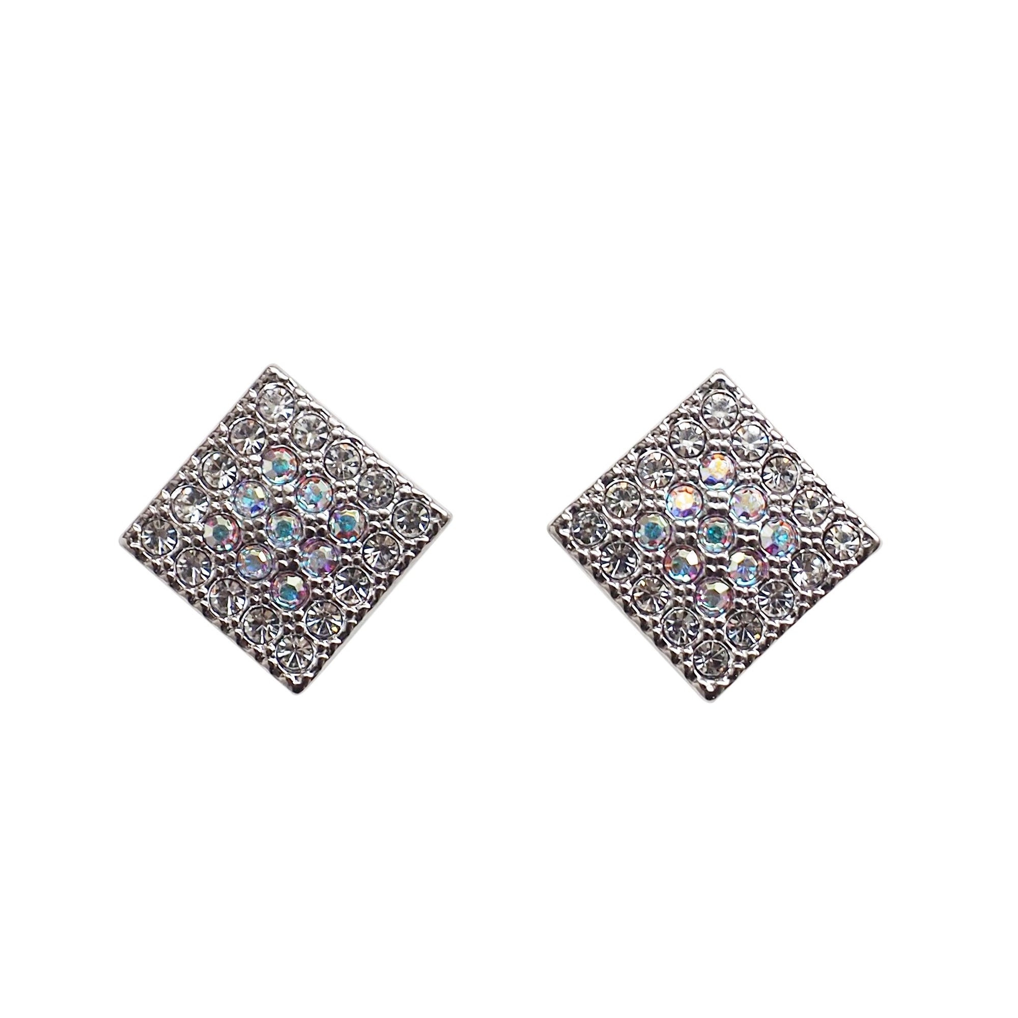 Square Swarovski Crystal Rhinestone Pave Invisible Clip On Stud Earrings ( Silvert tone ) - Miyabi Grace