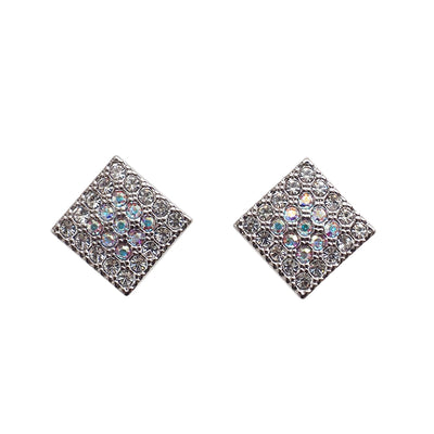 Square Swarovski Crystal Rhinestone Pave Invisible Clip On Stud Earrings ( Silvert tone ) - Miyabi Grace