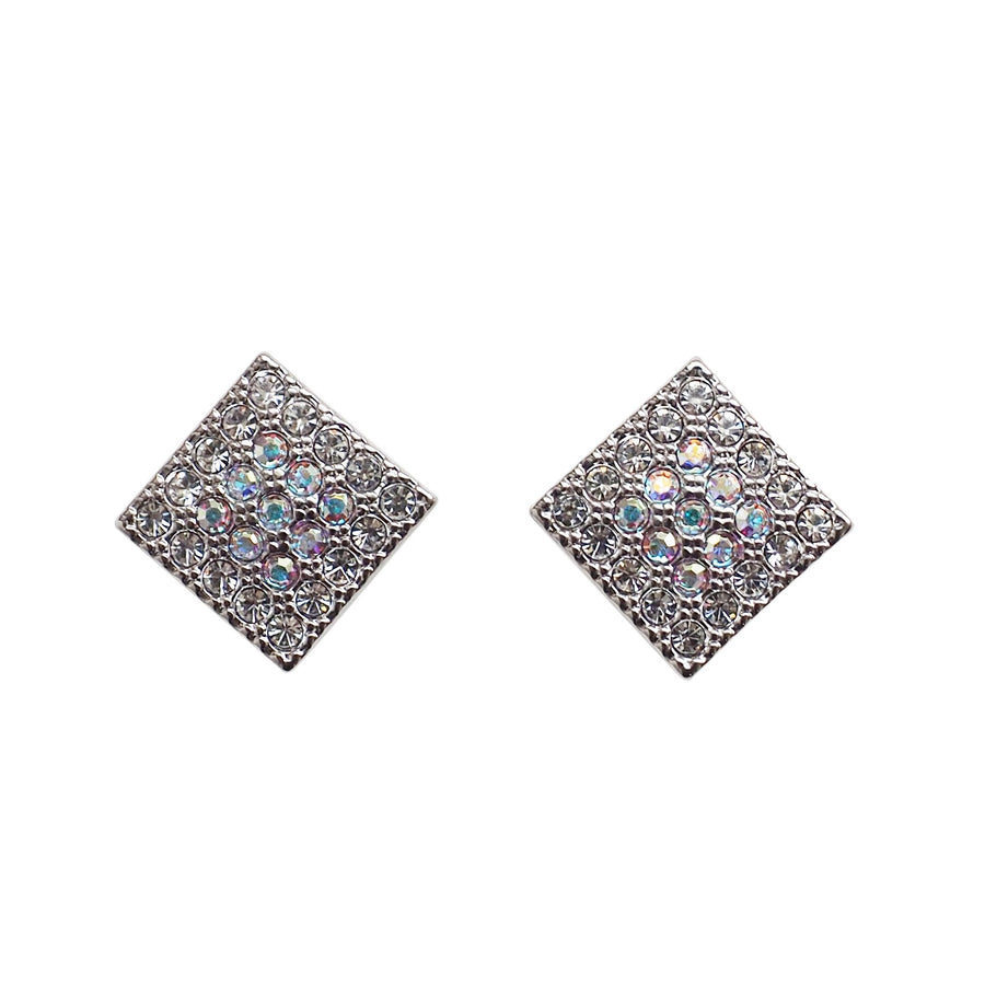 Square Swarovski Crystal Rhinestone Pave Invisible Clip On Stud Earrings ( Silvert tone ) - Miyabi Grace