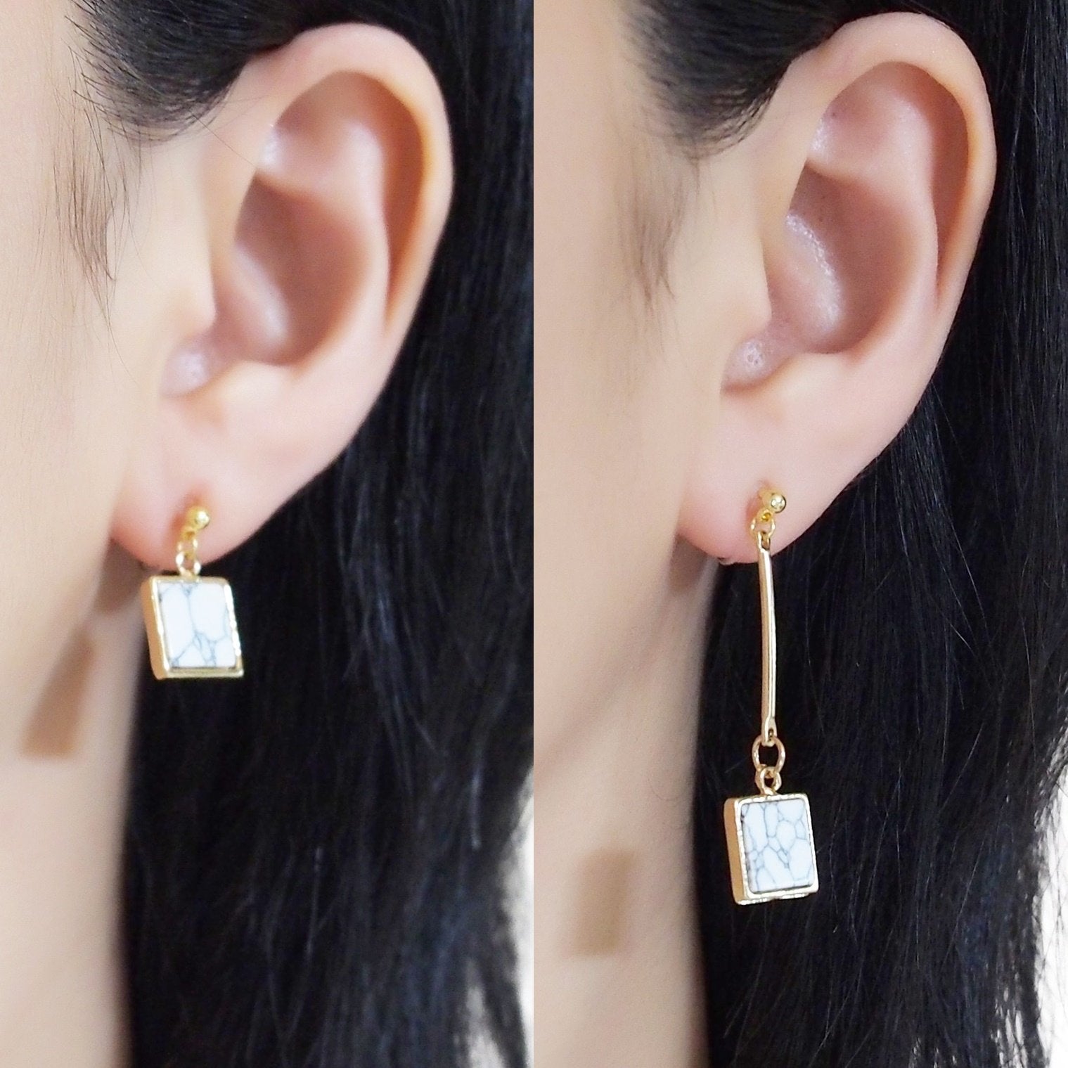 Asymmetric Square Marble Faux White Stone Invisible Clip On Earrings - miyabigracejewelry.com