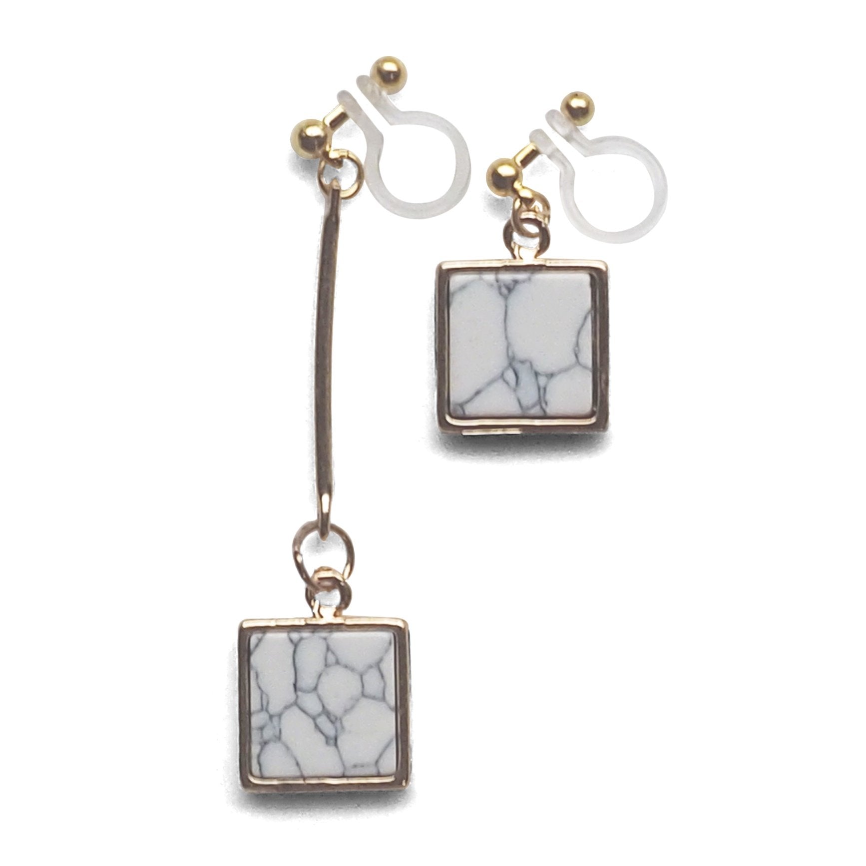 Asymmetric Square Marble Faux White Stone Invisible Clip On Earrings - miyabigracejewelry.com
