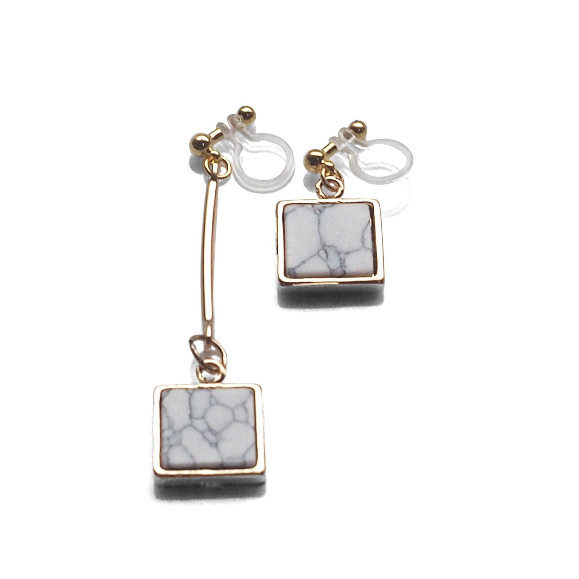 Asymmetric Square Marble Faux White Stone Invisible Clip On Earrings - miyabigracejewelry.com