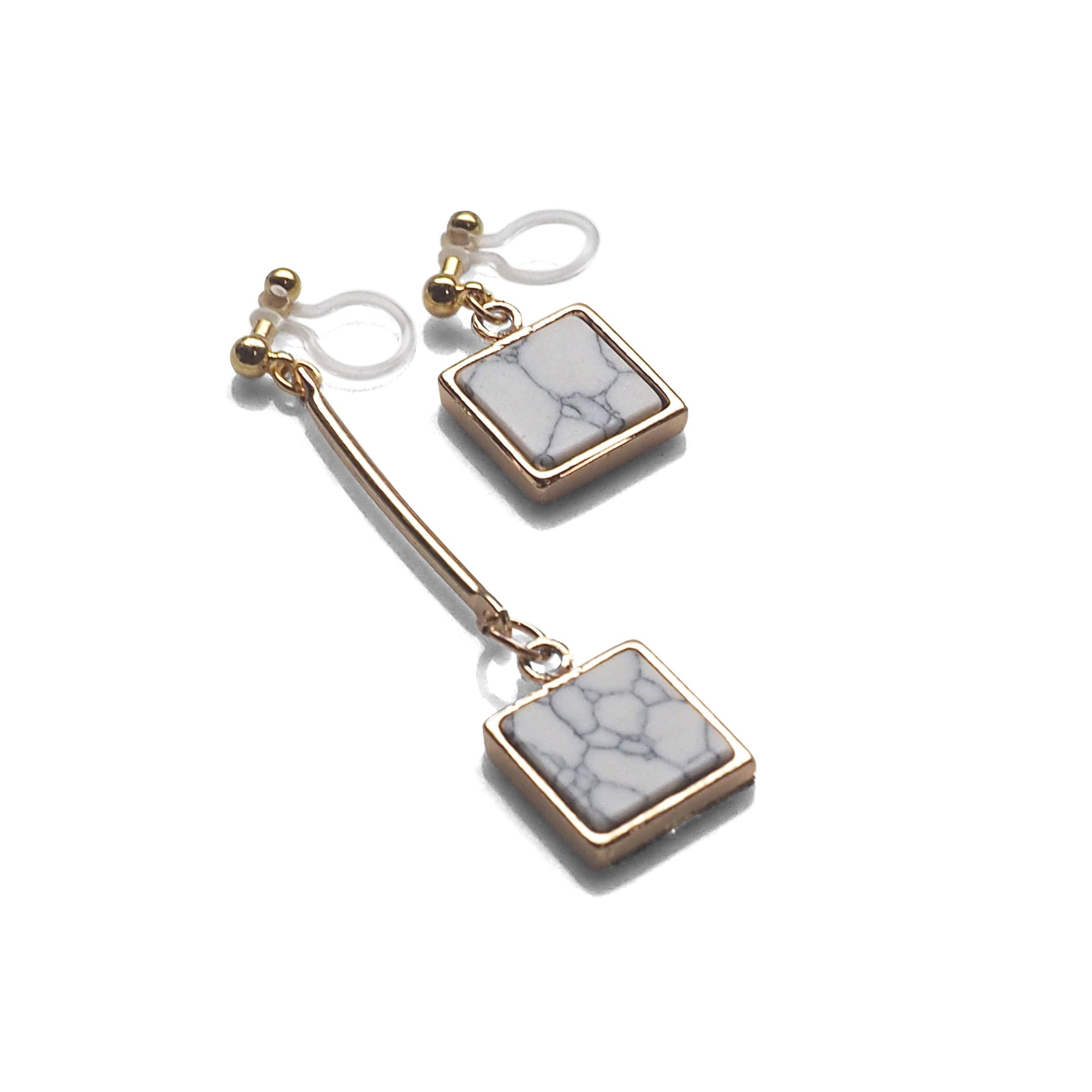 Asymmetric Square Marble Faux White Stone Invisible Clip On Earrings - miyabigracejewelry.com