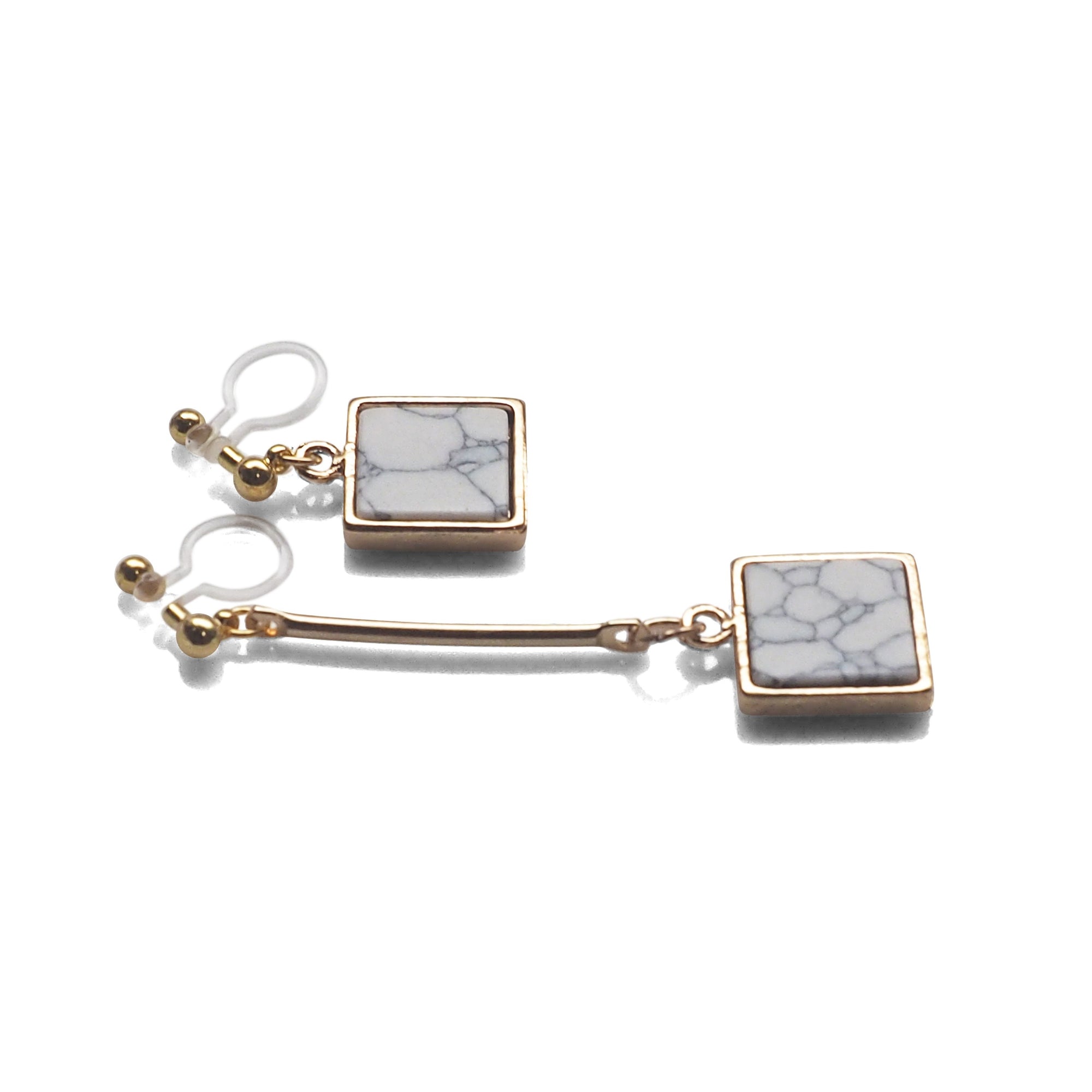 Asymmetric Square Marble Faux White Stone Invisible Clip On Earrings - miyabigracejewelry.com