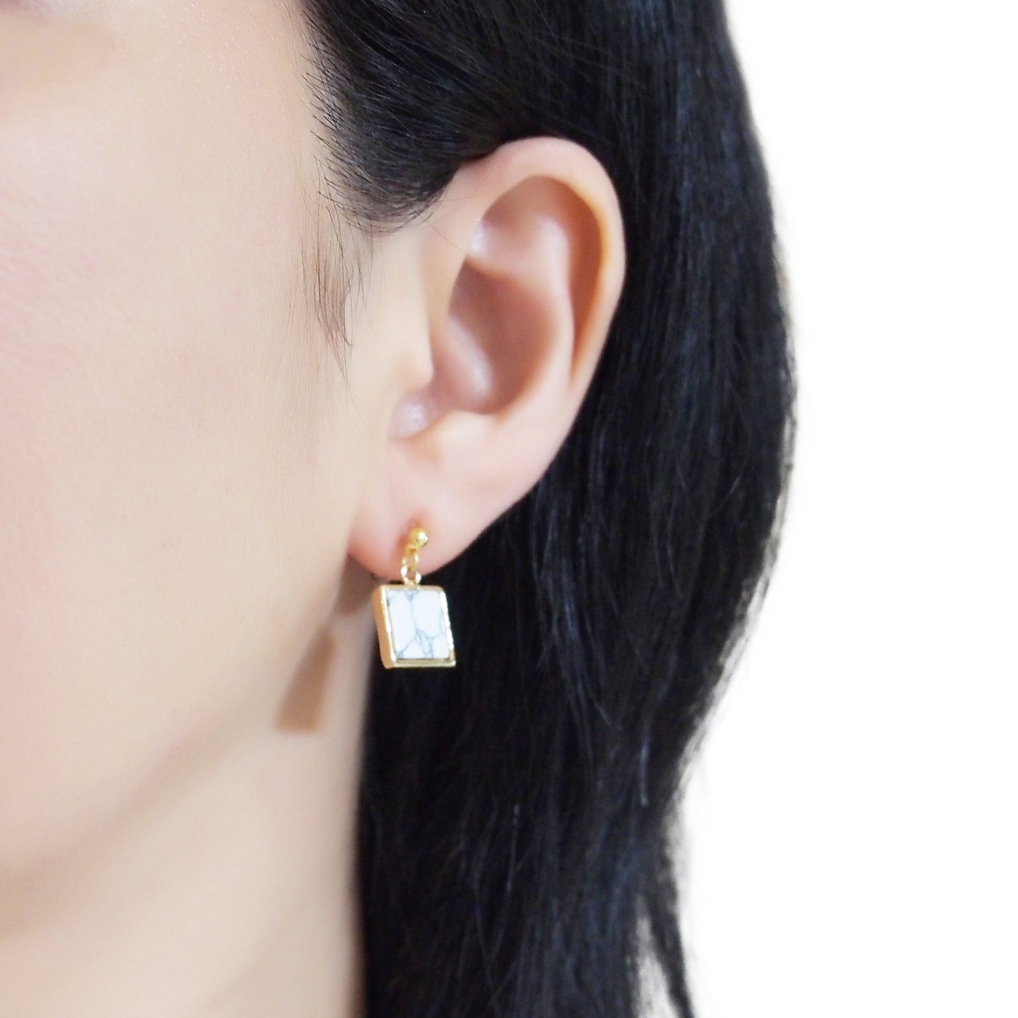 Asymmetric Square Marble Faux White Stone Invisible Clip On Earrings - miyabigracejewelry.com