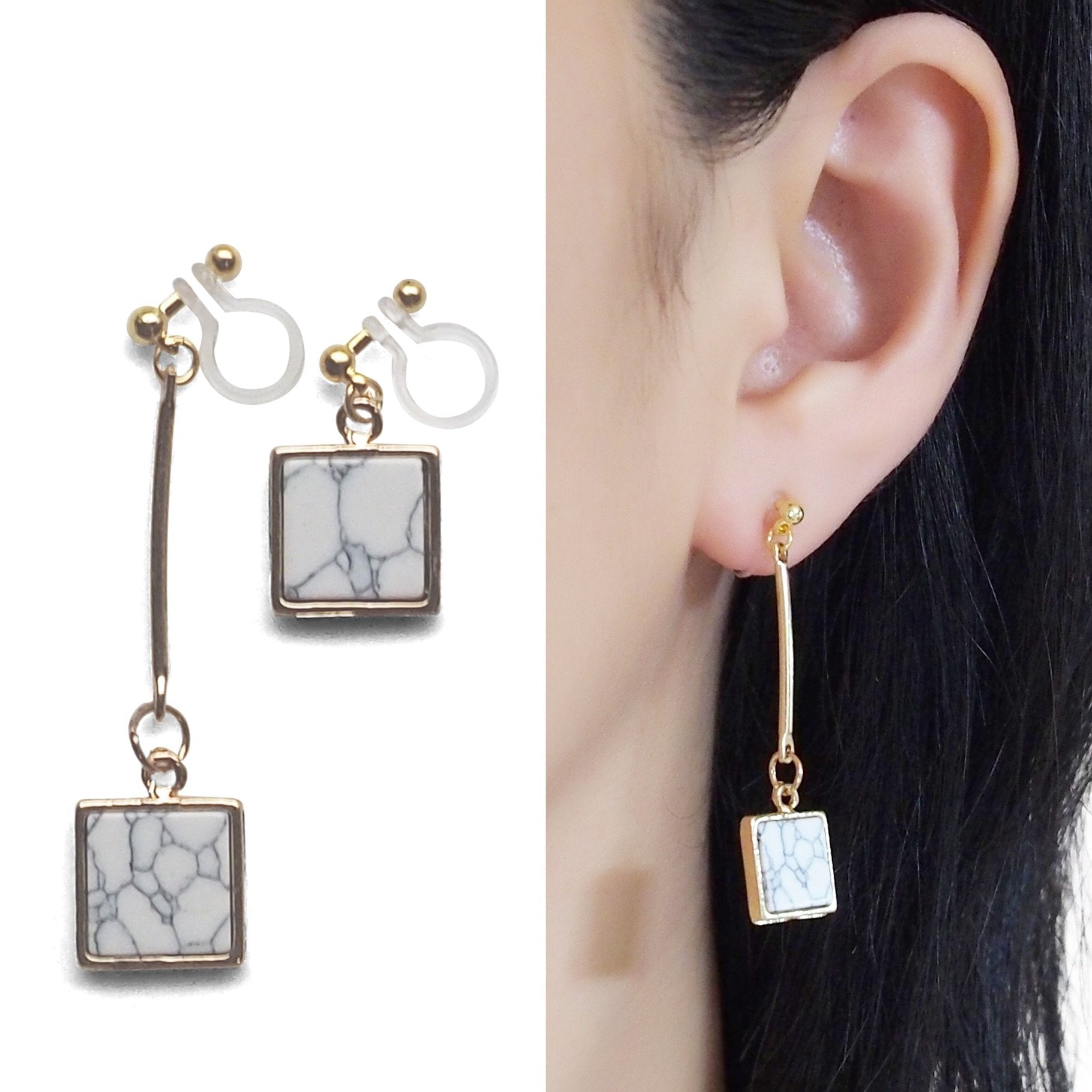 Asymmetric Square Marble Faux White Stone Invisible Clip On Earrings - miyabigracejewelry.com