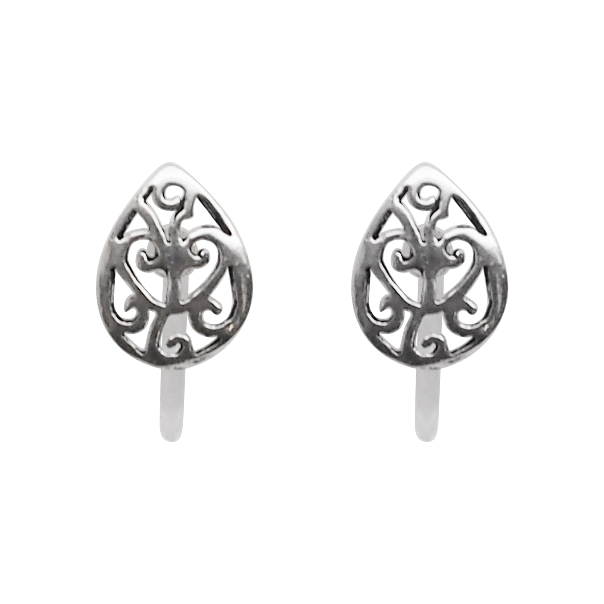 925 Sterling Silver Teardrop Filigree Invisible Clip On Stud Earrings - Miyabi Grace
