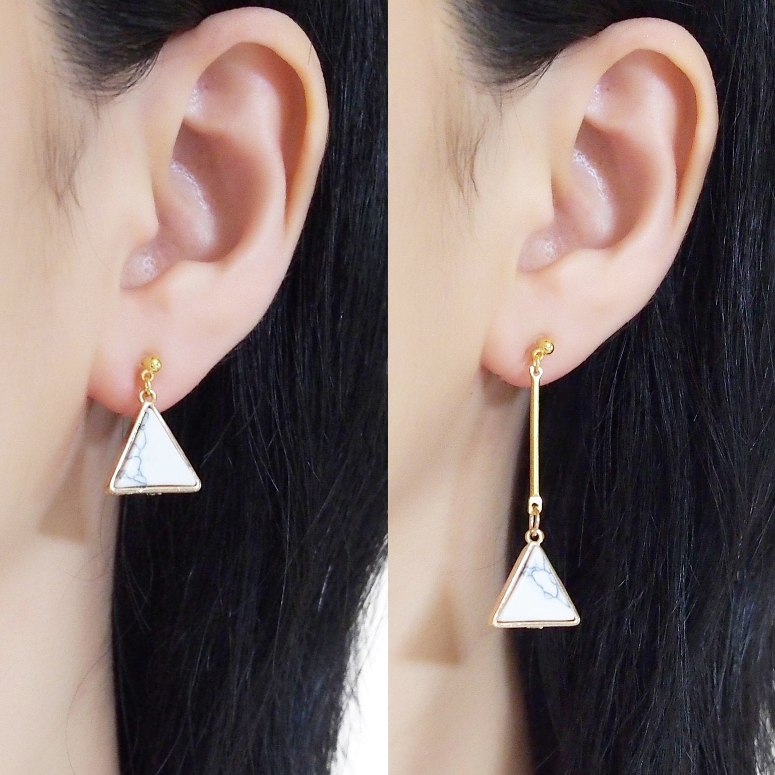 Asymmetric Triangle Marble Faux White Stone Invisible Clip On Earrings - miyabigracejewelry.com