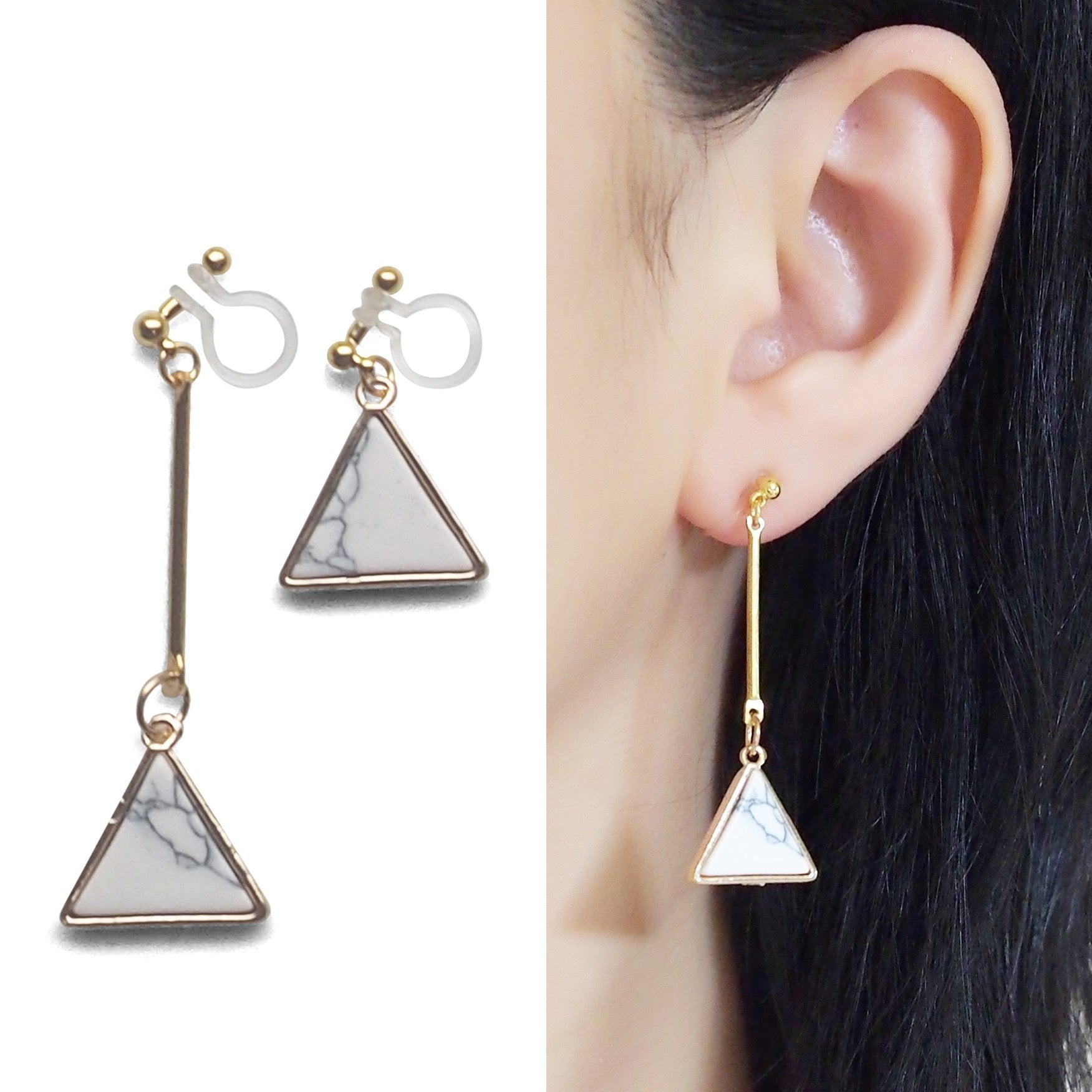Asymmetric Triangle Marble Faux White Stone Invisible Clip On Earrings - miyabigracejewelry.com