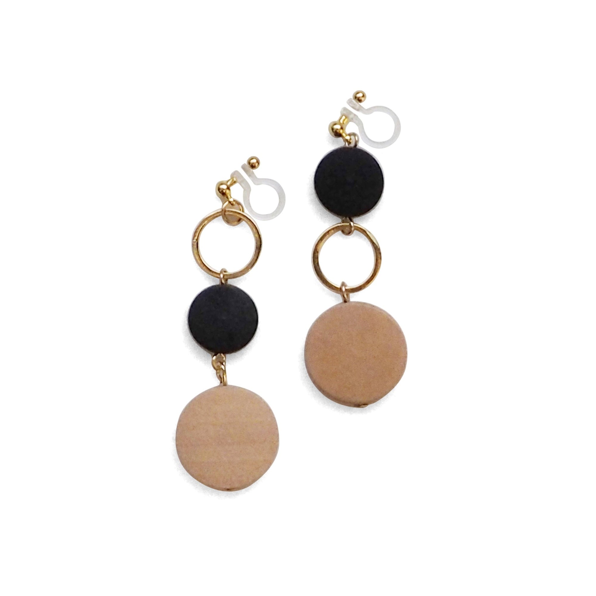 Beige and black wood invisible clip on earrings - miyabigracejewelry.com