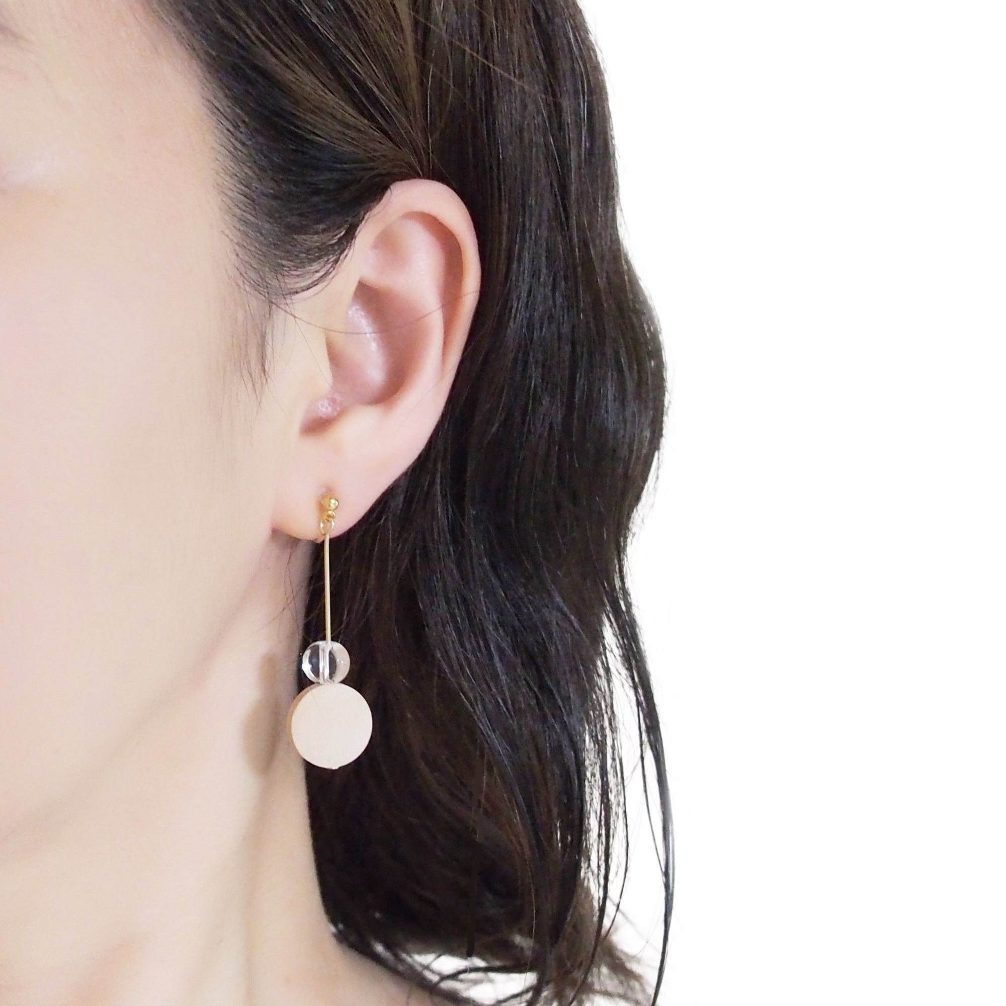 Beige Wood and Clear Disk Invisible Clip On Earrings - Miyabi Grace
