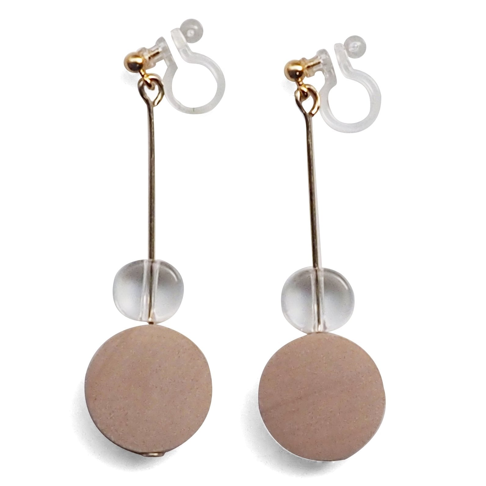 Beige Wood and Clear Disk Invisible Clip On Earrings - Miyabi Grace