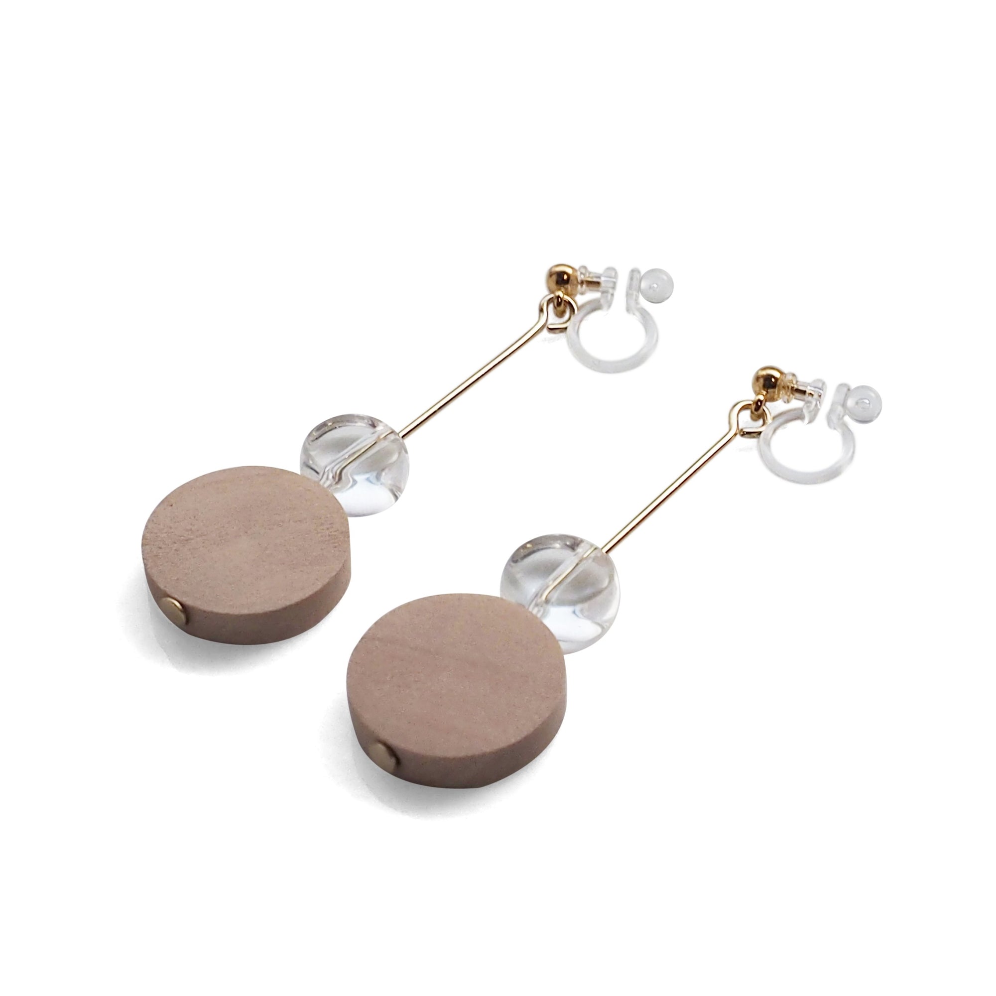 Beige Wood and Clear Disk Invisible Clip On Earrings - Miyabi Grace