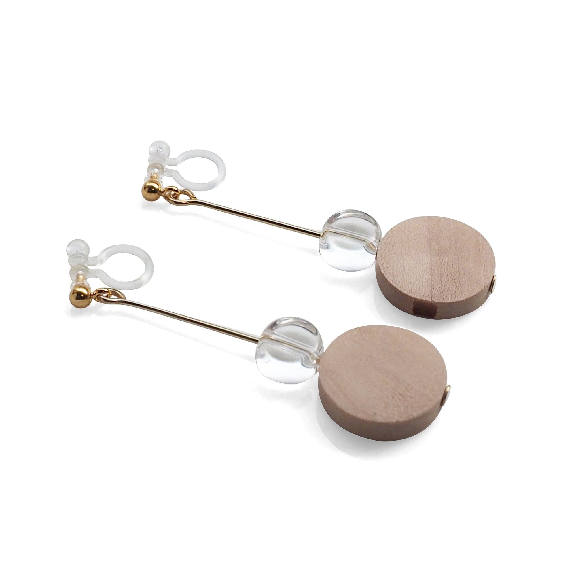 Beige Wood and Clear Disk Invisible Clip On Earrings - Miyabi Grace