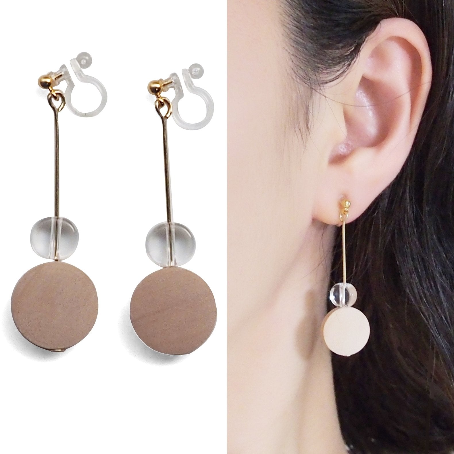 Beige Wood and Clear Disk Invisible Clip On Earrings - Miyabi Grace