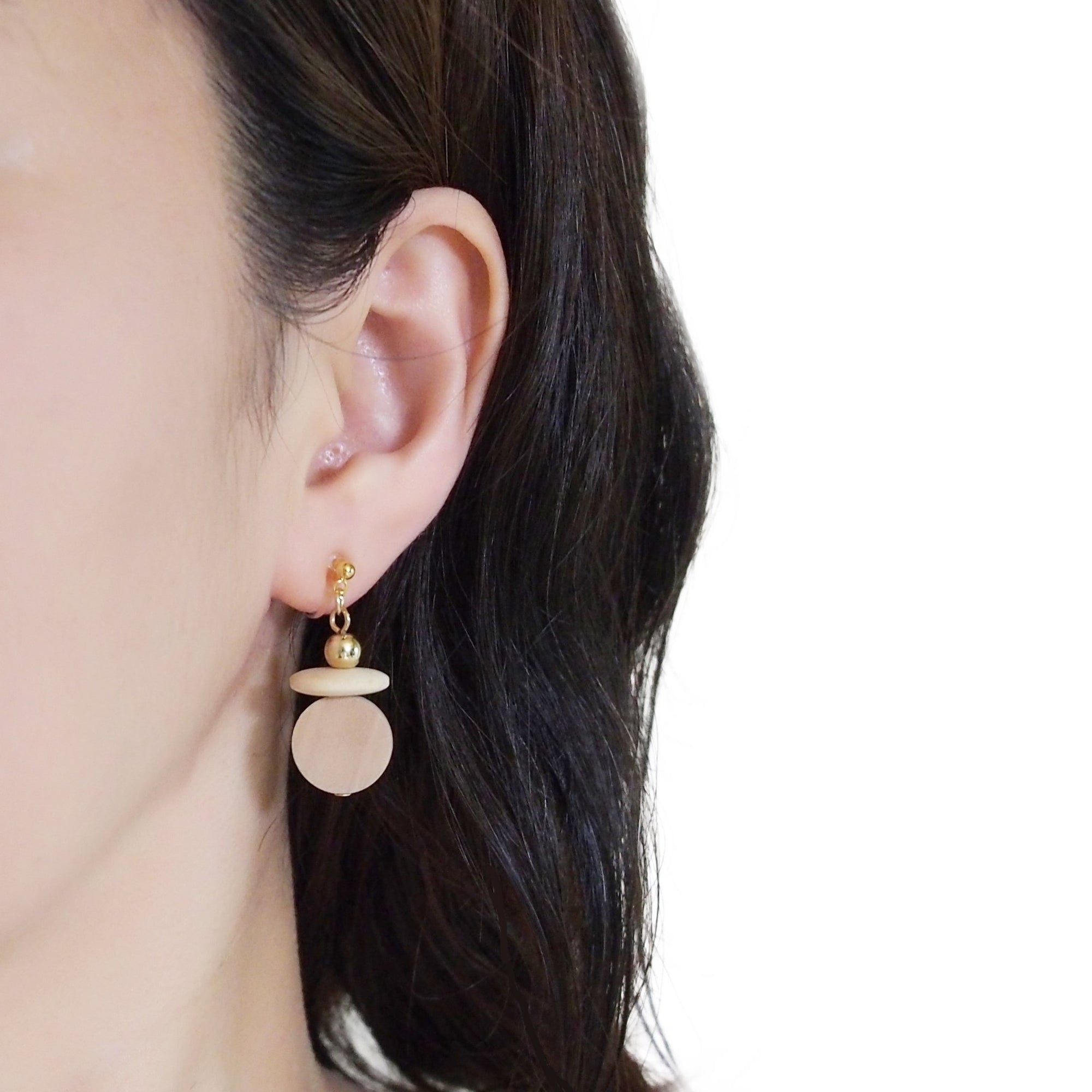 Beige Wood Disk and Cap Invisible Clip On Earrings - Miyabi Grace