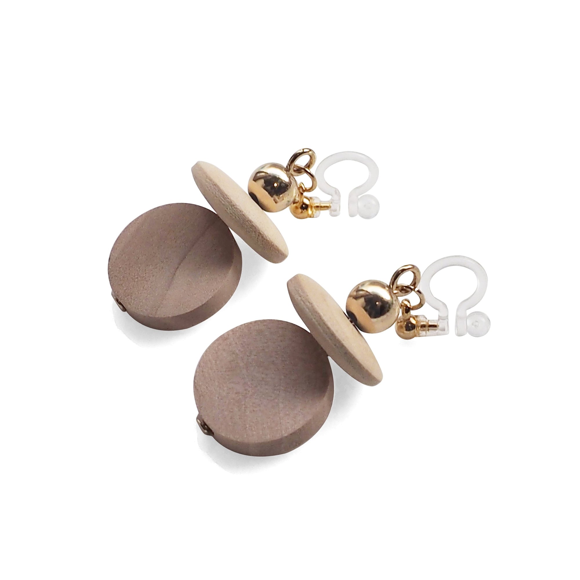 Beige Wood Disk and Cap Invisible Clip On Earrings - Miyabi Grace