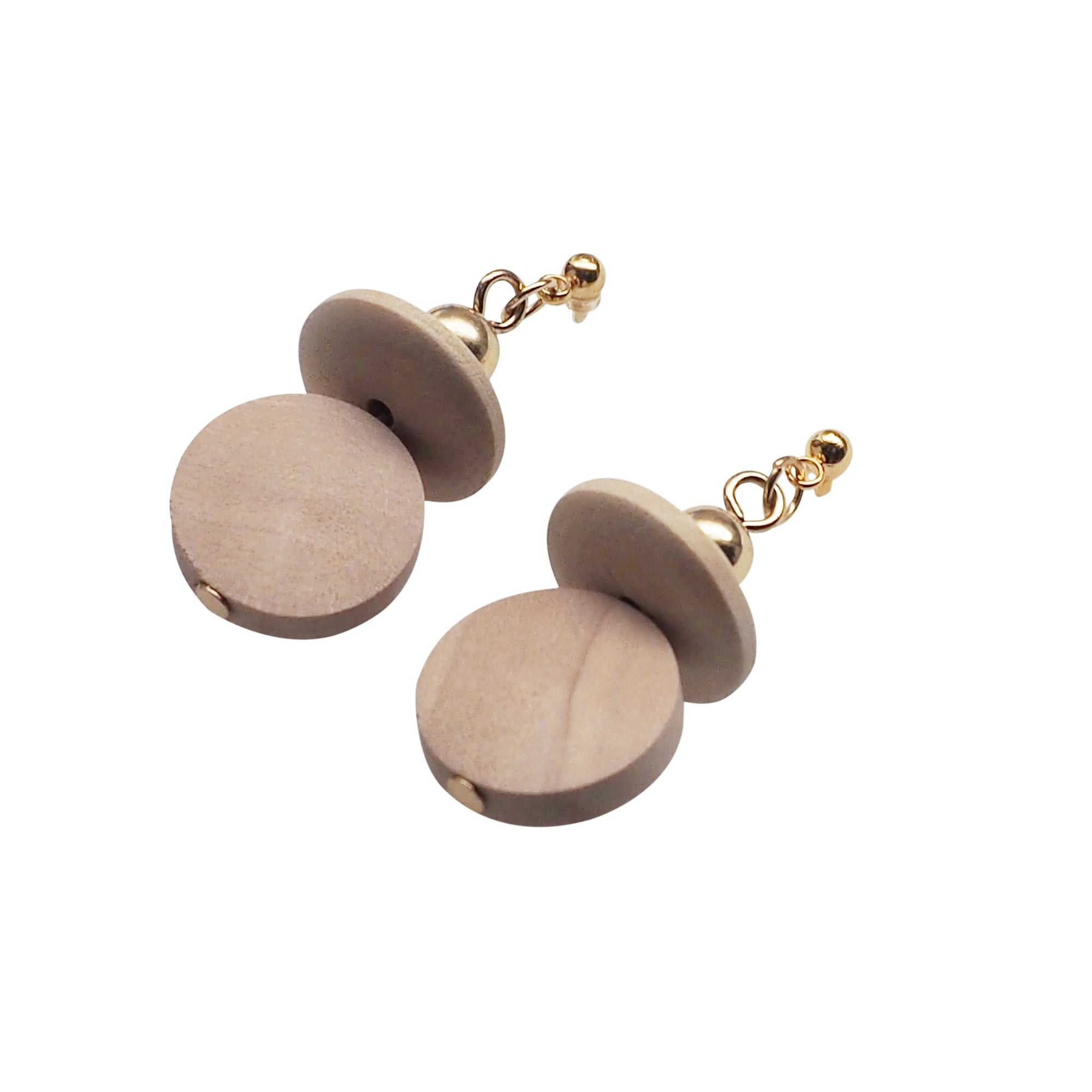 Beige Wood Disk and Cap Invisible Clip On Earrings - Miyabi Grace