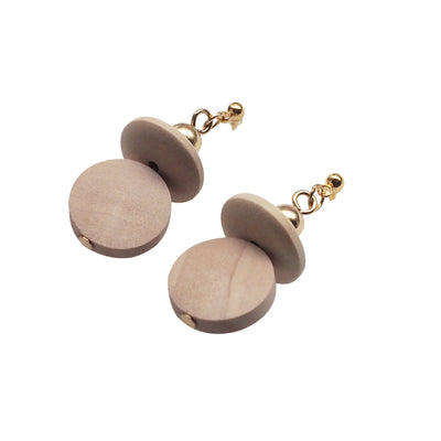 Beige Wood Disk and Cap Invisible Clip On Earrings - Miyabi Grace