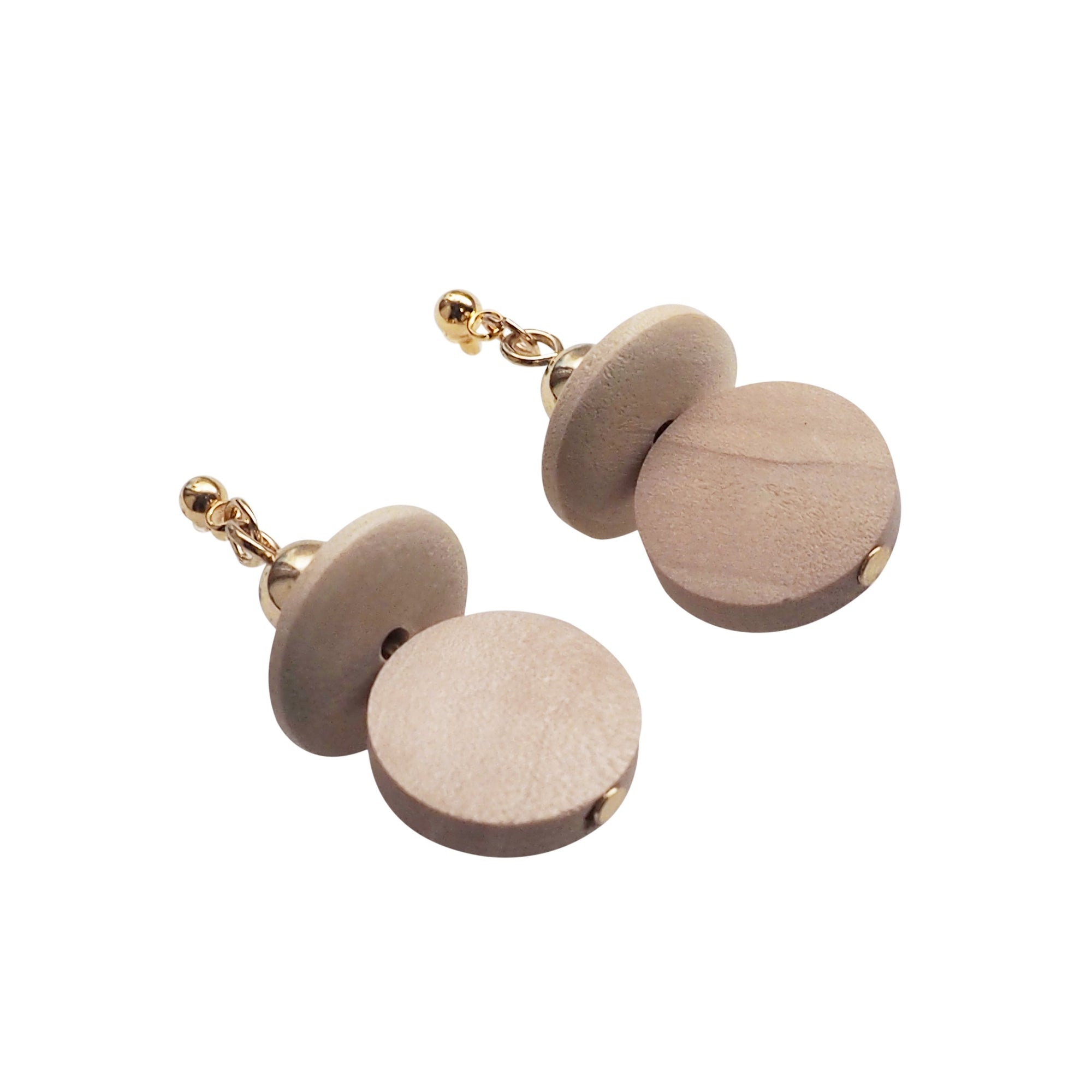 Beige Wood Disk and Cap Invisible Clip On Earrings - Miyabi Grace
