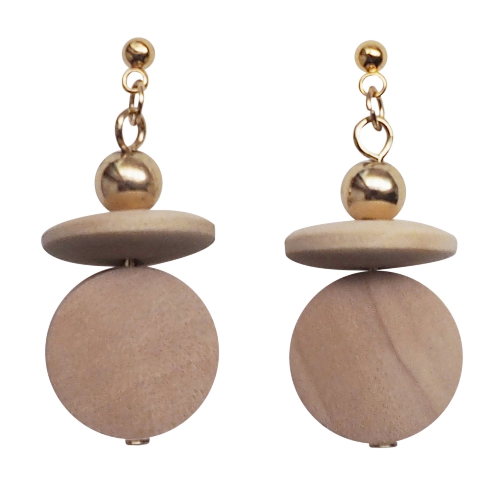 Beige Wood Disk and Cap Invisible Clip On Earrings - Miyabi Grace