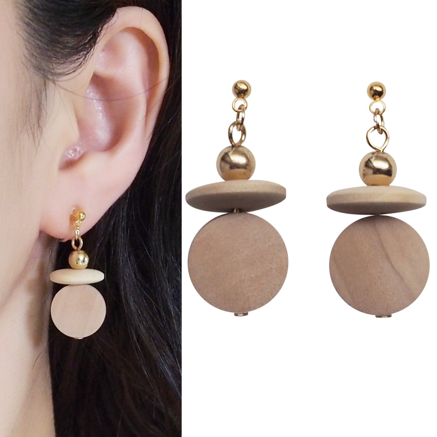 Beige Wood Disk and Cap Invisible Clip On Earrings - Miyabi Grace