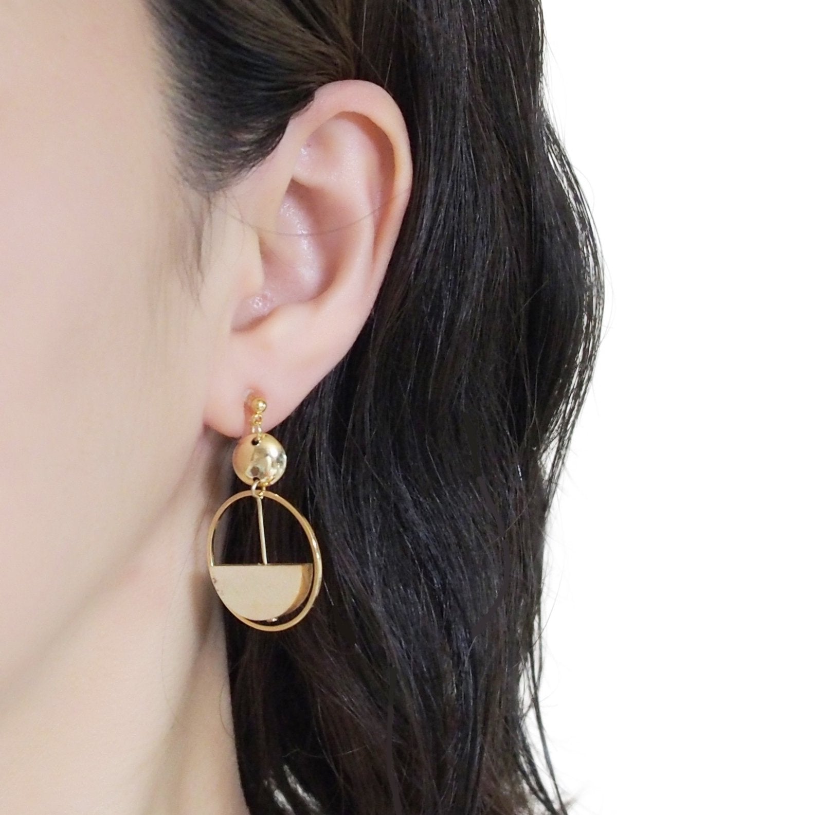 Beige Half Disk and Hoop Invisible Clip On Earrings - Miyabi Grace
