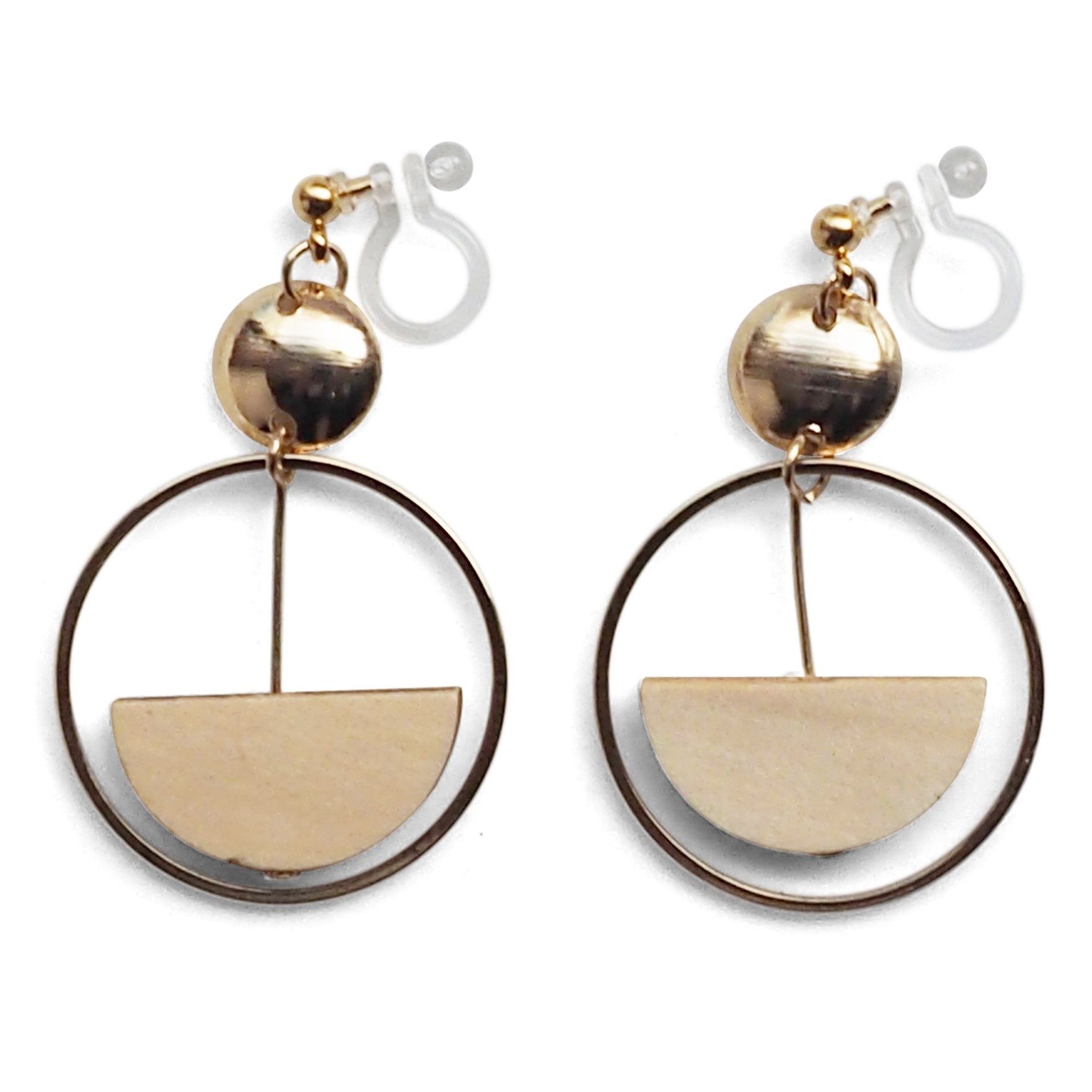 Beige Half Disk and Hoop Invisible Clip On Earrings - Miyabi Grace