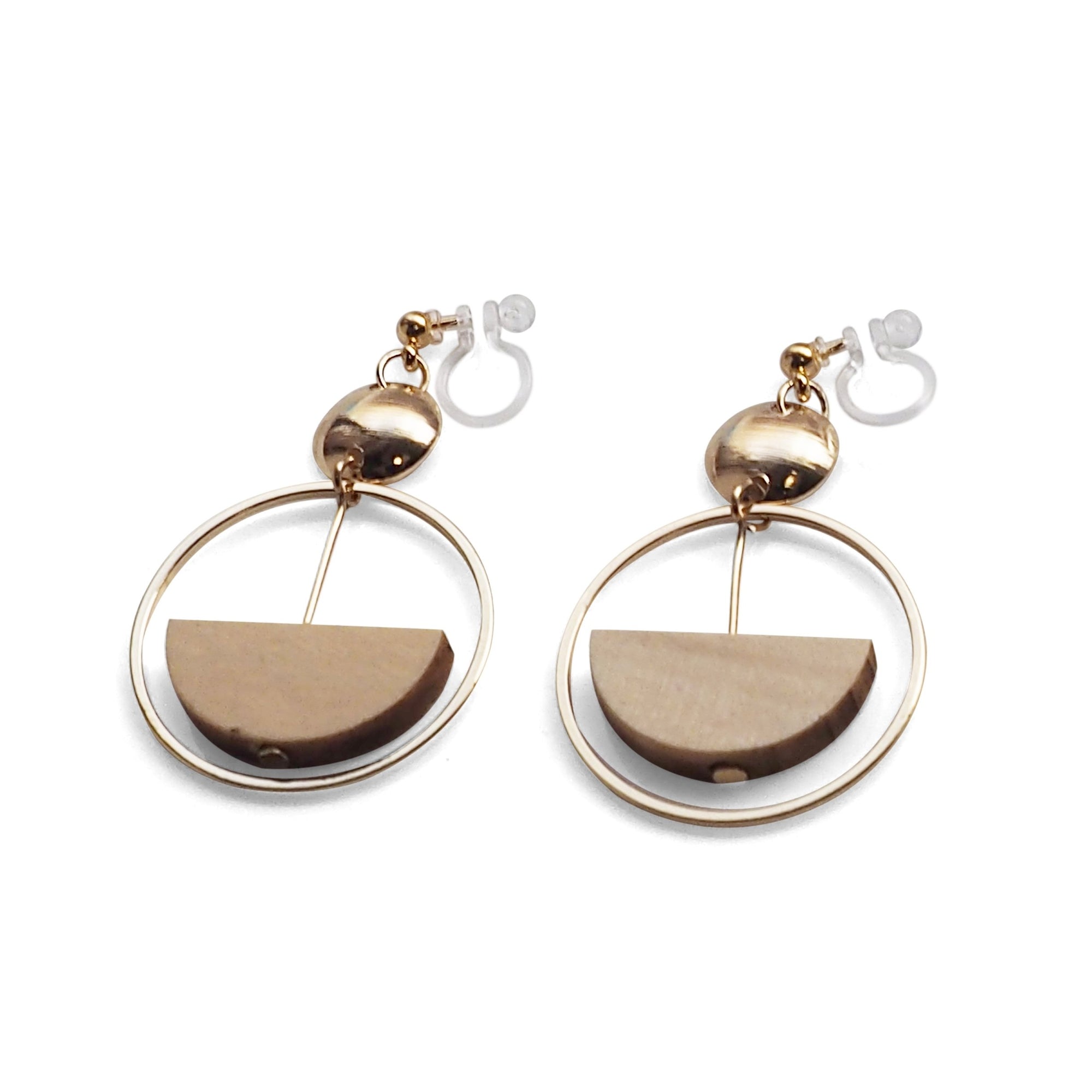 Beige Half Disk and Hoop Invisible Clip On Earrings - Miyabi Grace
