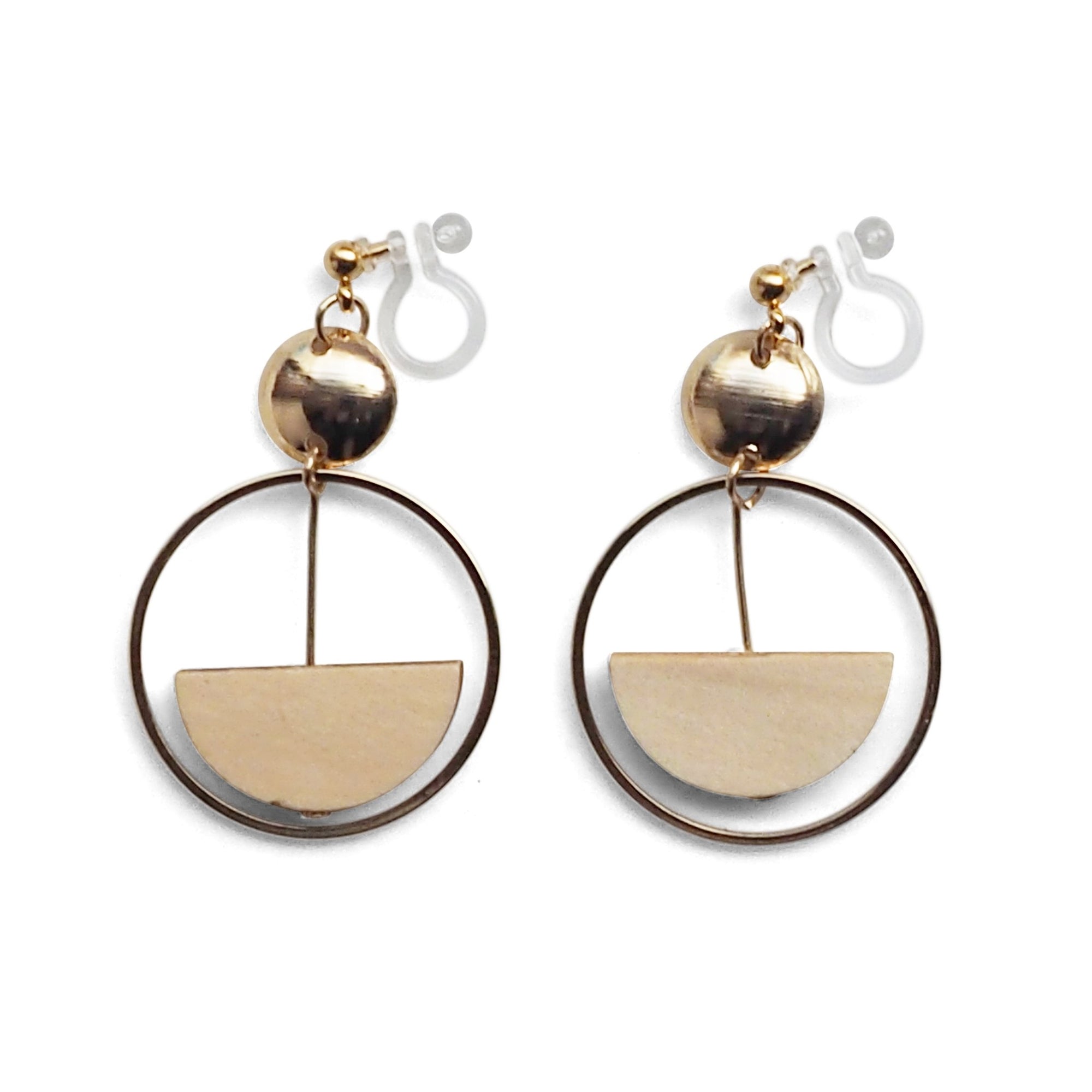 Beige Half Disk and Hoop Invisible Clip On Earrings - Miyabi Grace