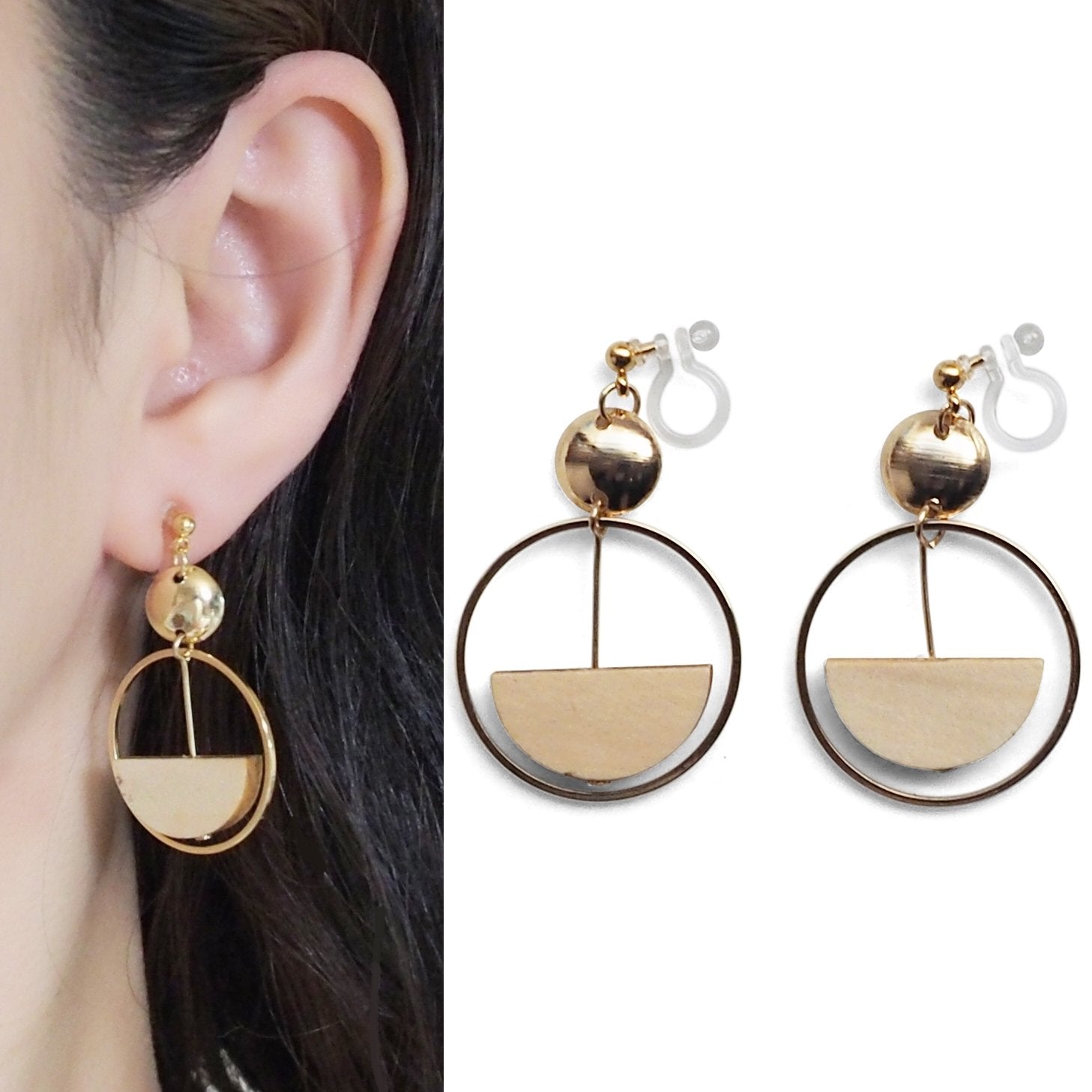 Beige Half Disk and Hoop Invisible Clip On Earrings - Miyabi Grace