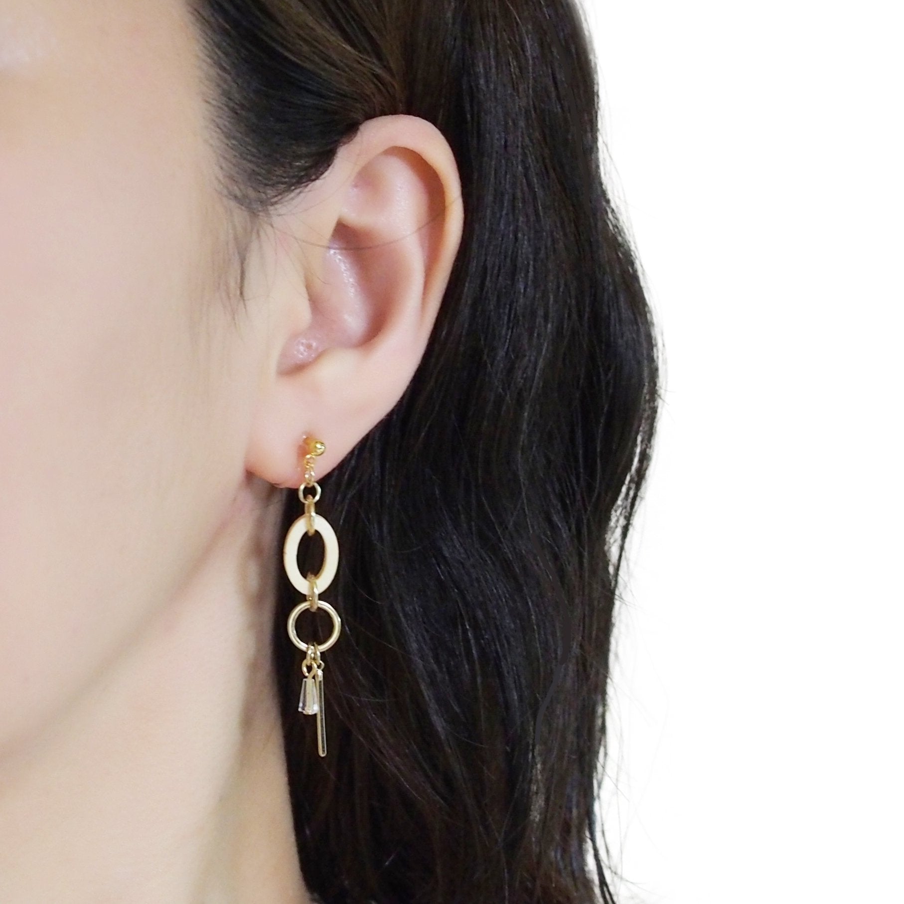 Beige Wood and Gold Hoop Invisible Clip On Earrings - Miyabi Grace