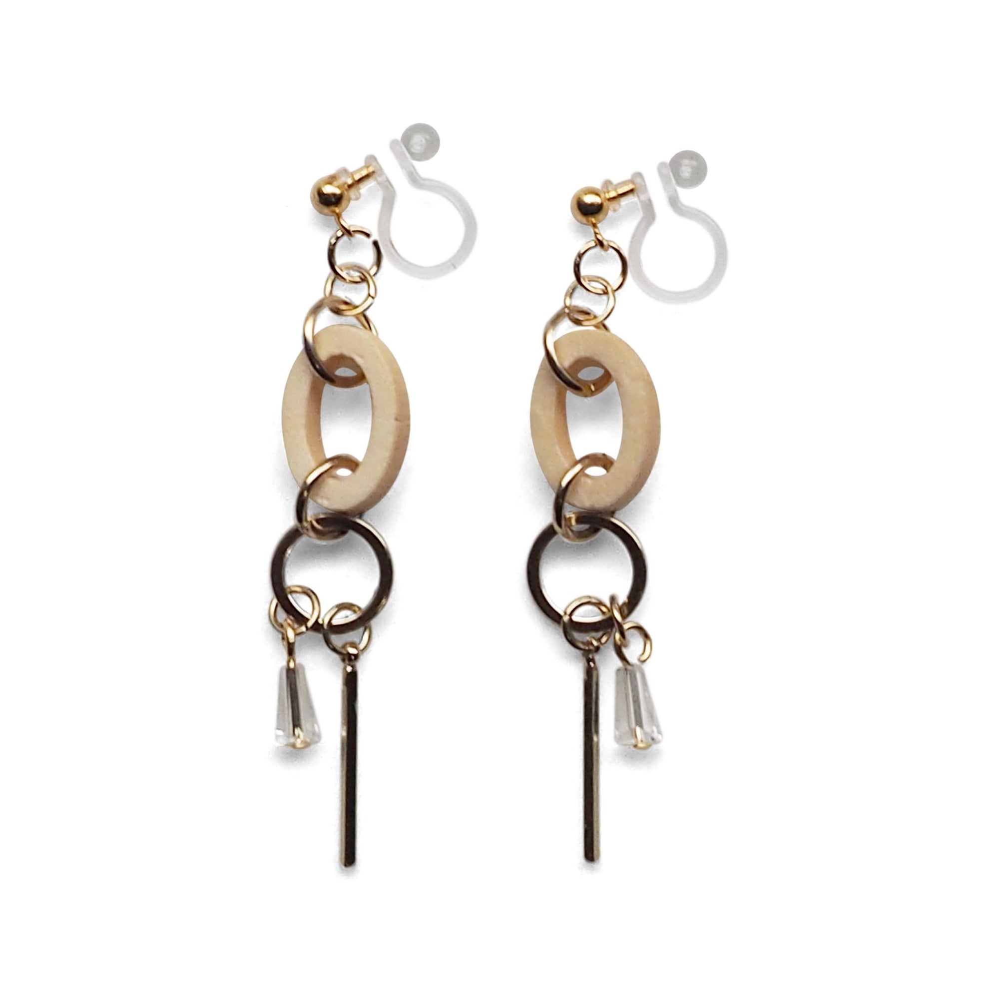 Beige Wood and Gold Hoop Invisible Clip On Earrings - Miyabi Grace