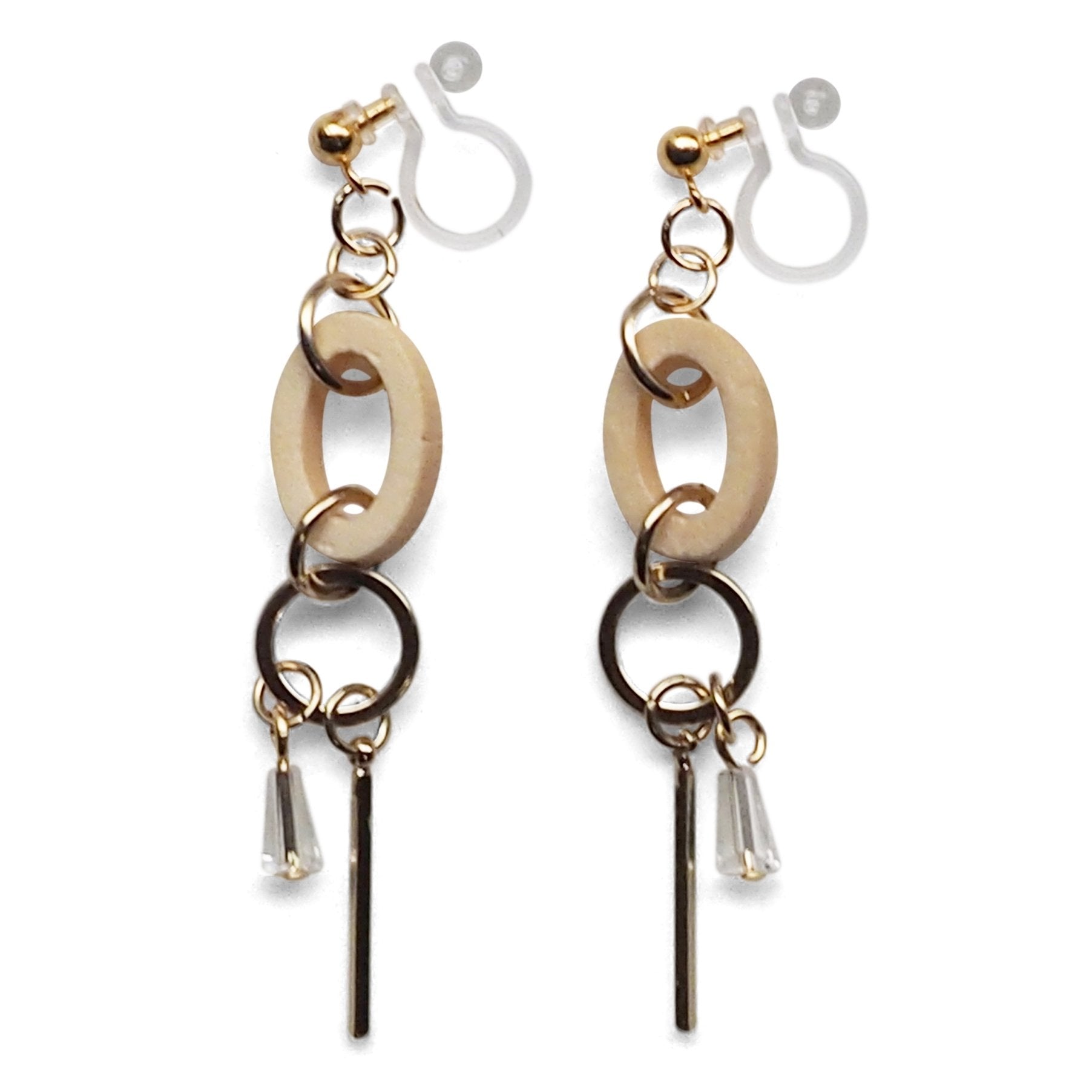 Beige Wood and Gold Hoop Invisible Clip On Earrings - Miyabi Grace