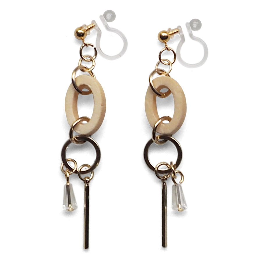 Beige Wood and Gold Hoop Invisible Clip On Earrings - Miyabi Grace