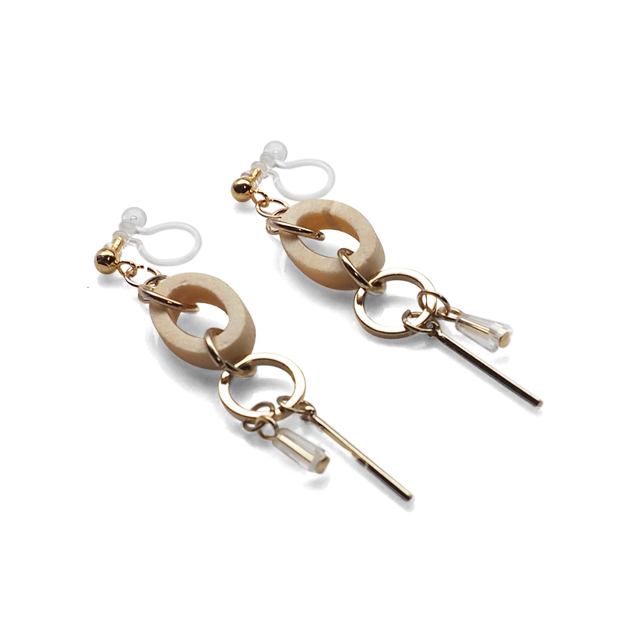 Beige Wood and Gold Hoop Invisible Clip On Earrings - Miyabi Grace