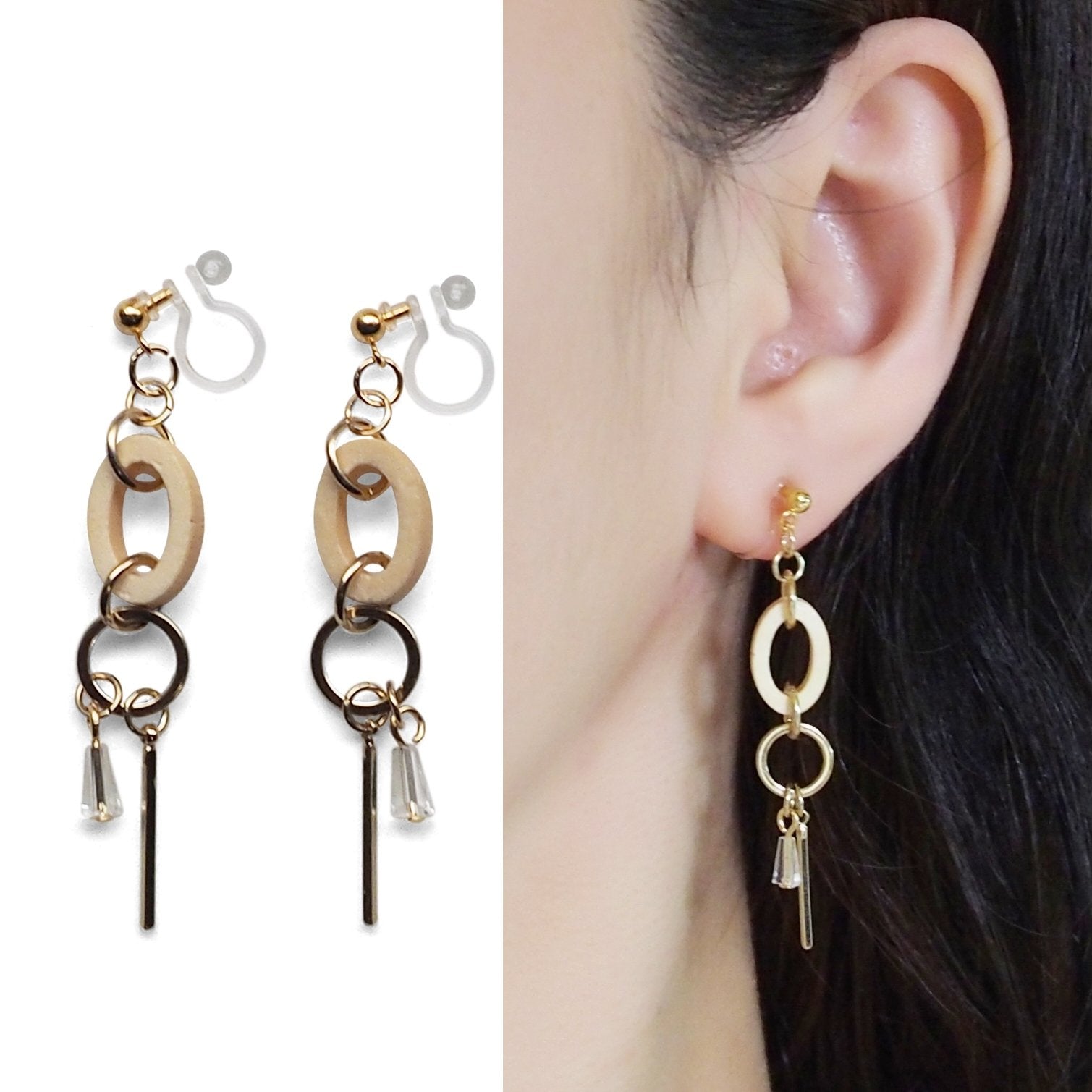 Beige Wood and Gold Hoop Invisible Clip On Earrings - Miyabi Grace